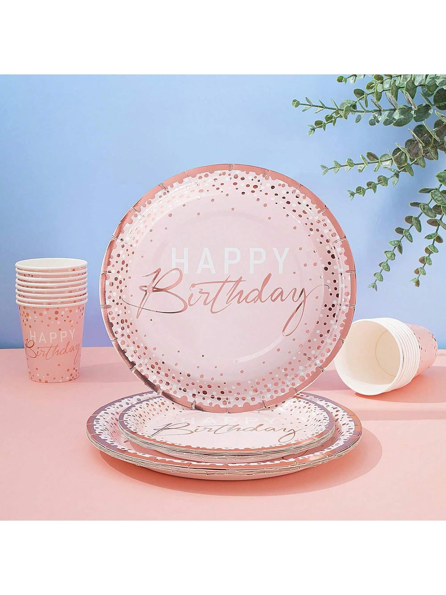 175PCS Pink Rose Gold Birthday Tableware Plates Napkins and Cutlery for 25 Guests