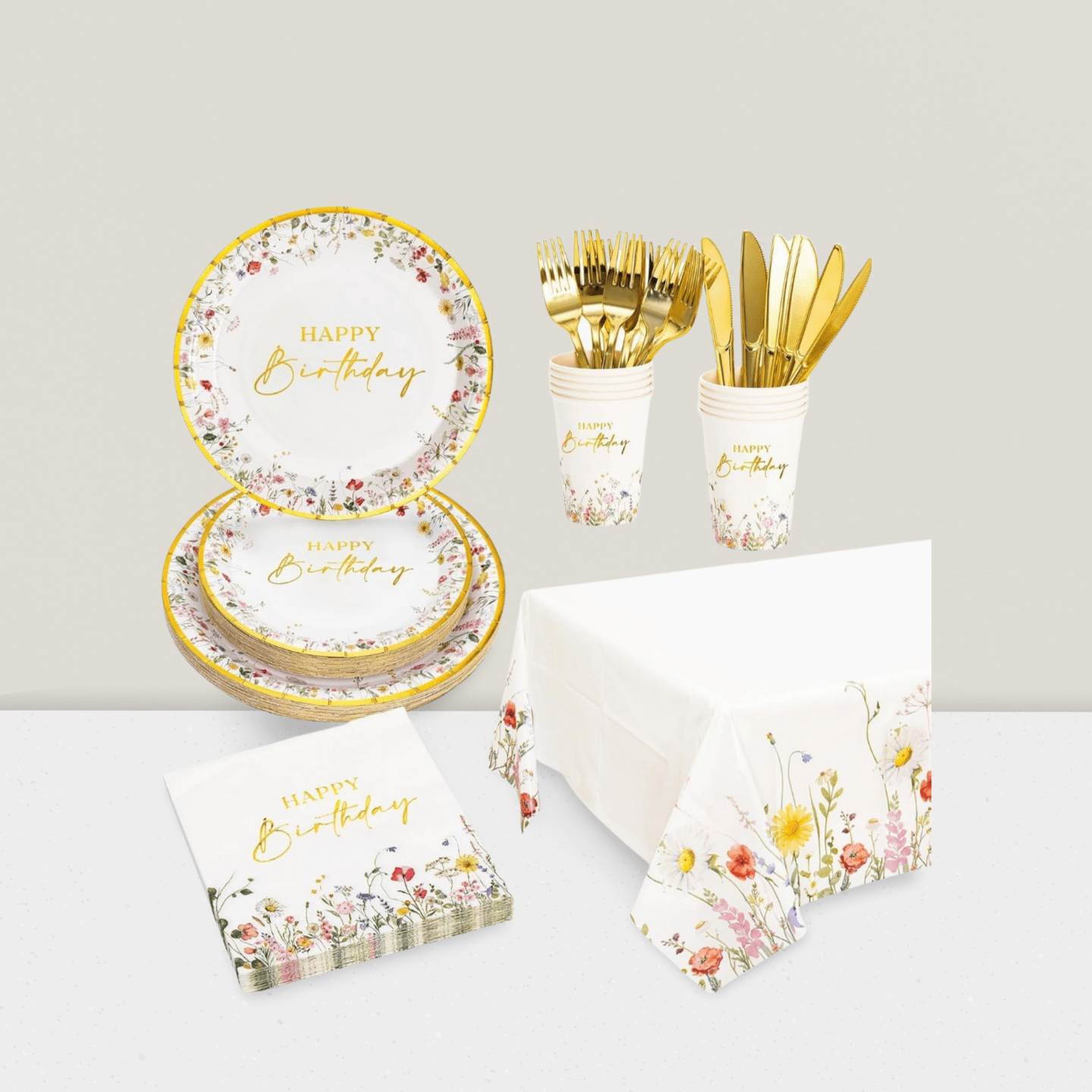Wildflower Birthday Tableware Set Floral Plates, Cups, Napkins & Cutlery For 24 Guests