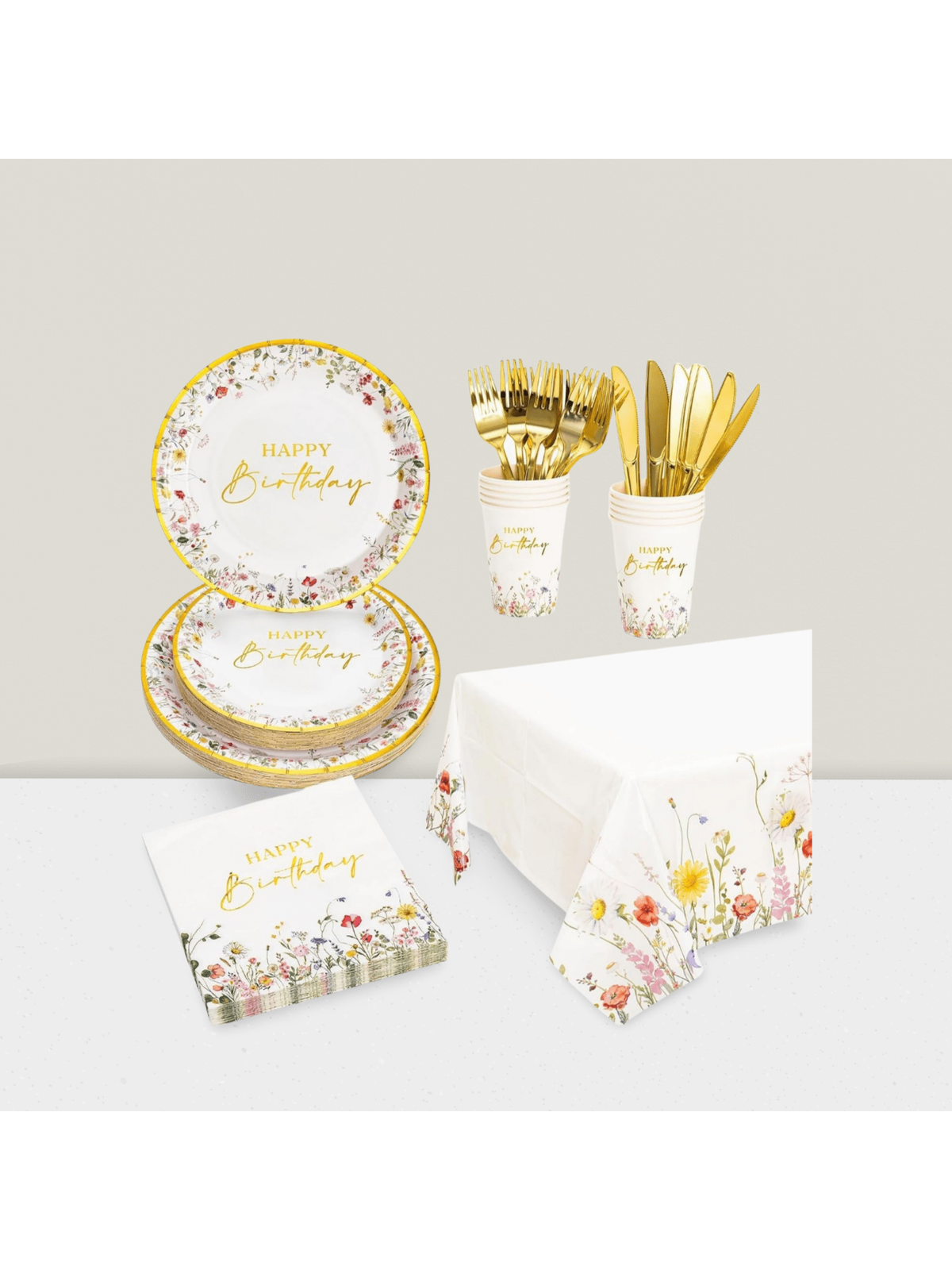 Wildflower Birthday Tableware Set Floral Plates, Cups, Napkins & Cutlery For 24 Guests