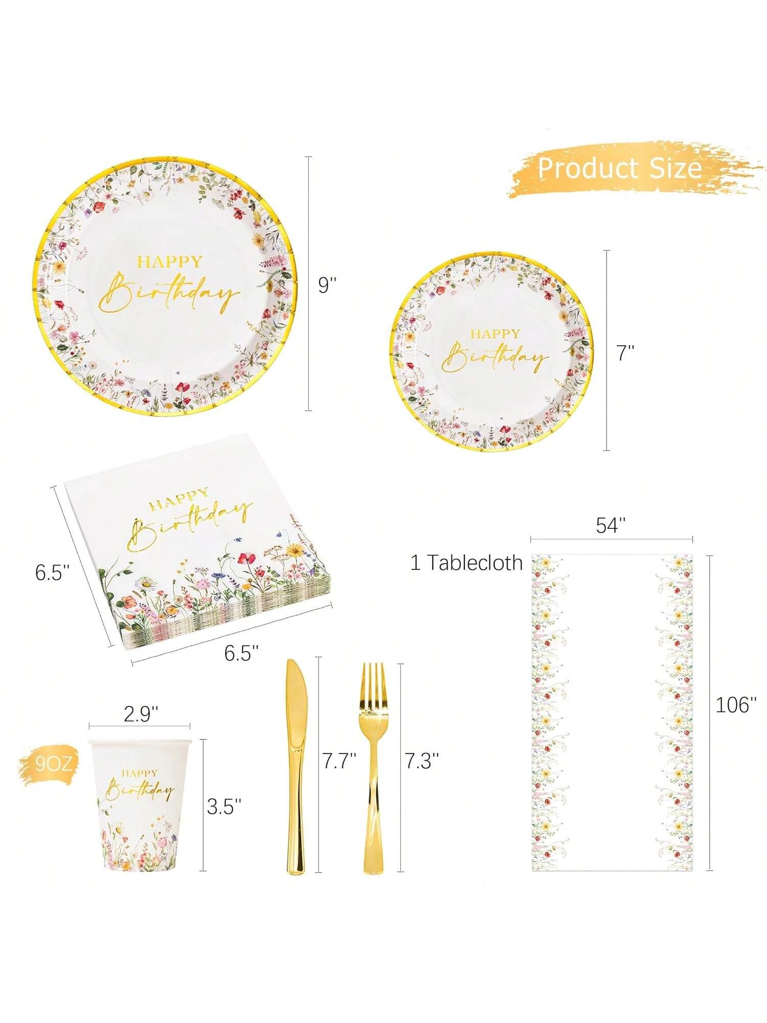 Wildflower Birthday Tableware Set Floral Plates, Cups, Napkins & Cutlery For 24 Guests