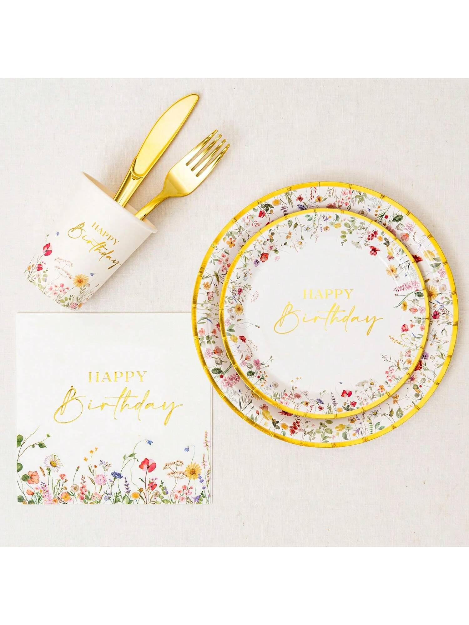 Wildflower Birthday Tableware Set Floral Plates, Cups, Napkins & Cutlery For 24 Guests