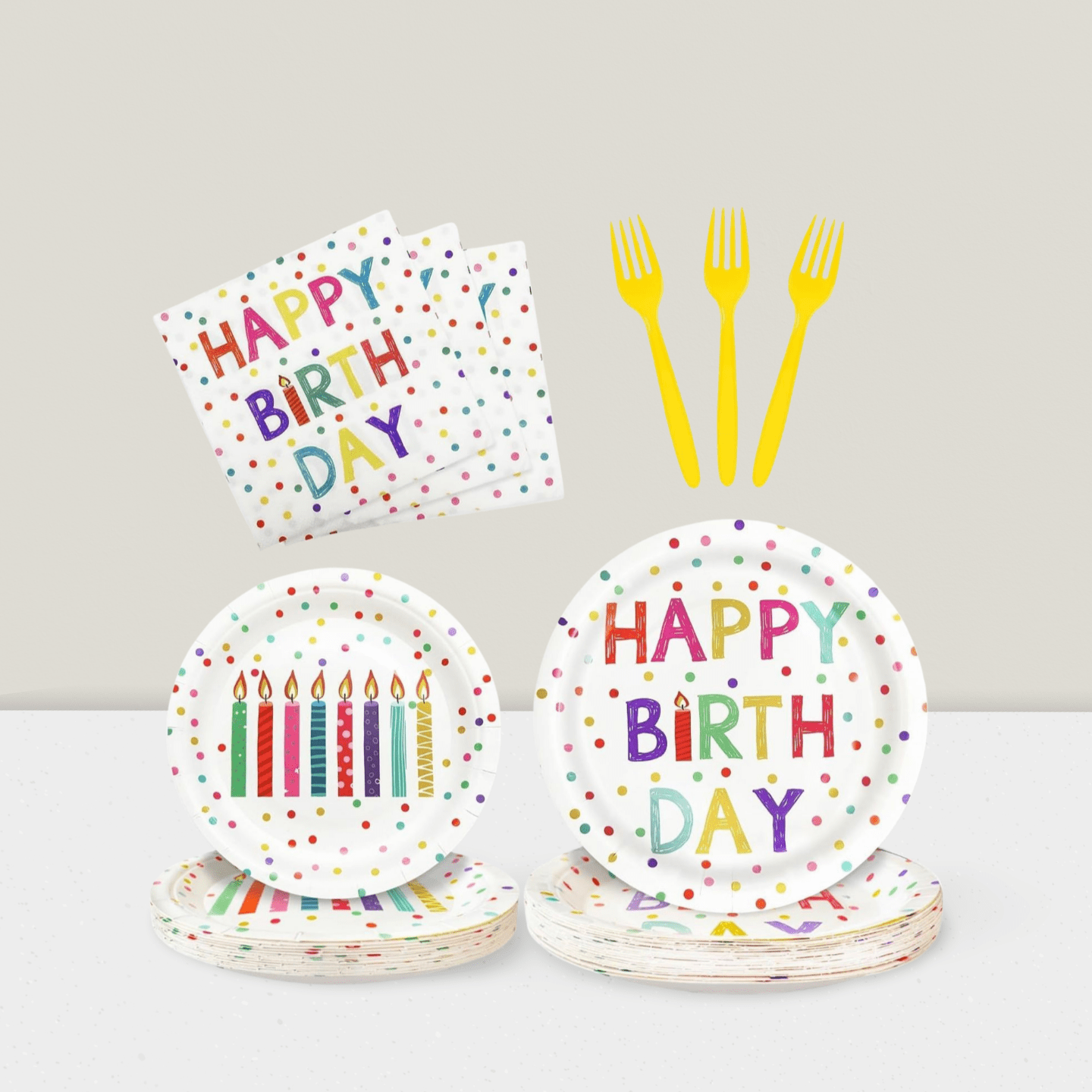 96PCS Colorful Dot Birthday Tableware Set Plates Napkins Forks for 24 Guests