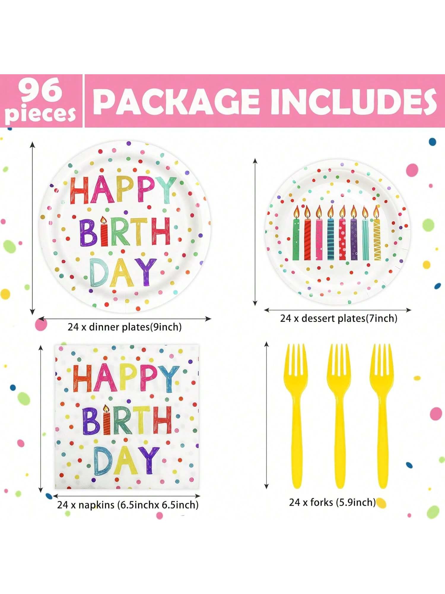 96PCS Colorful Dot Birthday Tableware Set Plates Napkins Forks for 24 Guests