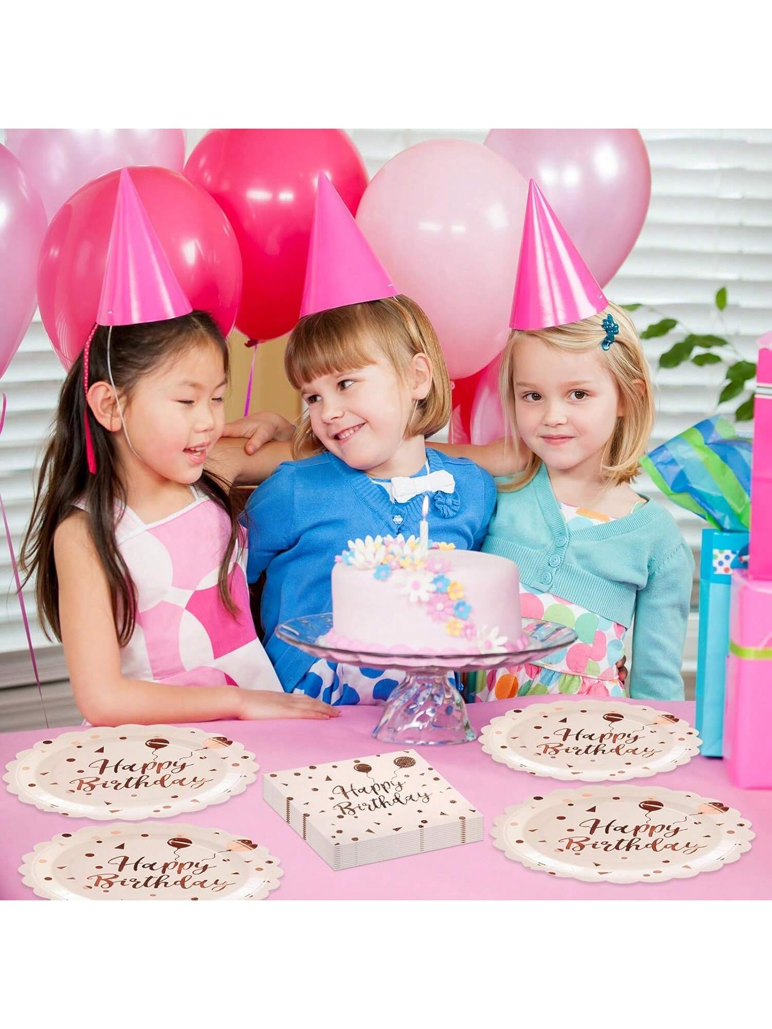 50PCS Pink Rose Gold Birthday Plates & Napkins Disposable Party Set