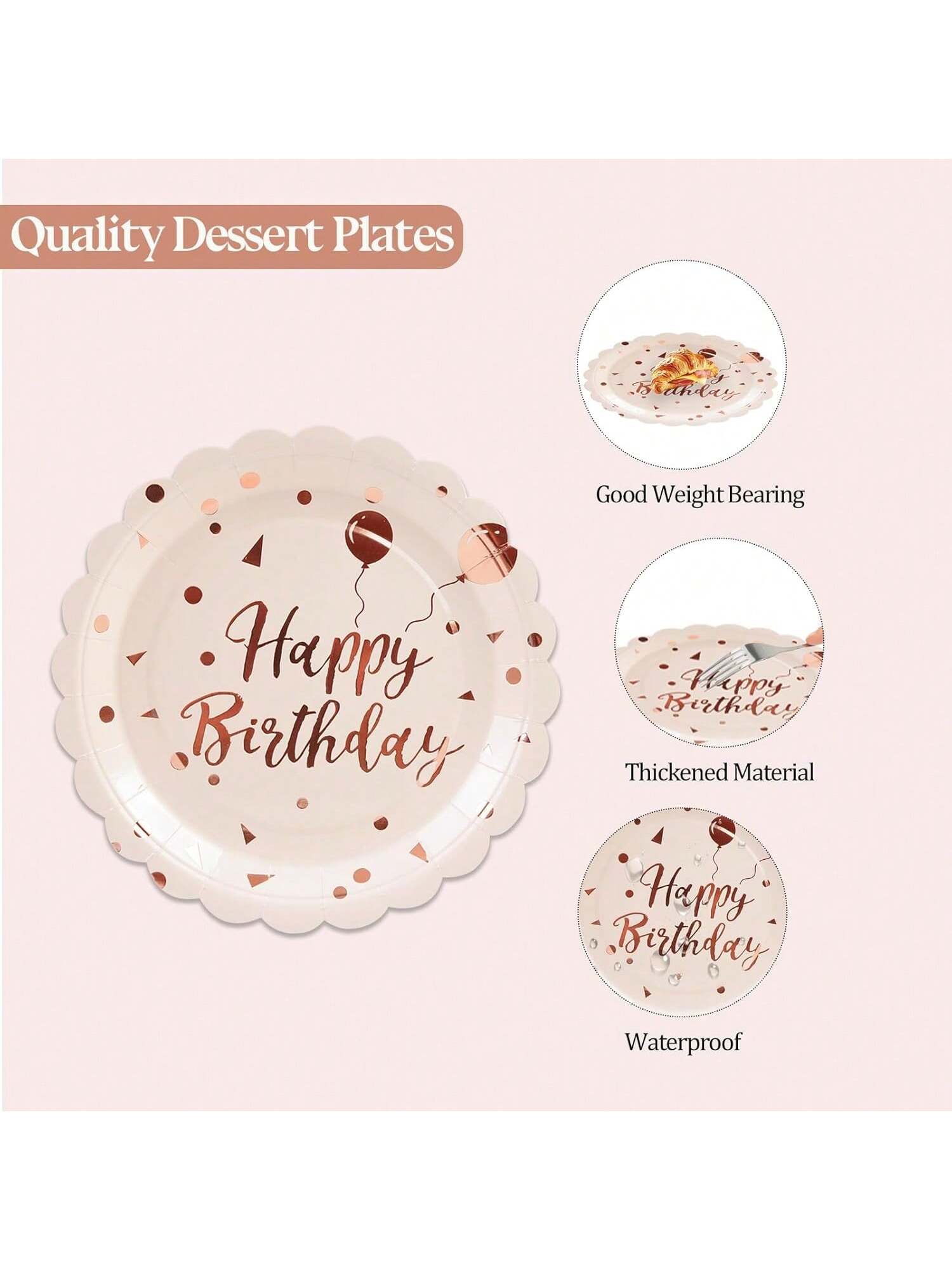 50PCS Pink Rose Gold Birthday Plates & Napkins Disposable Party Set