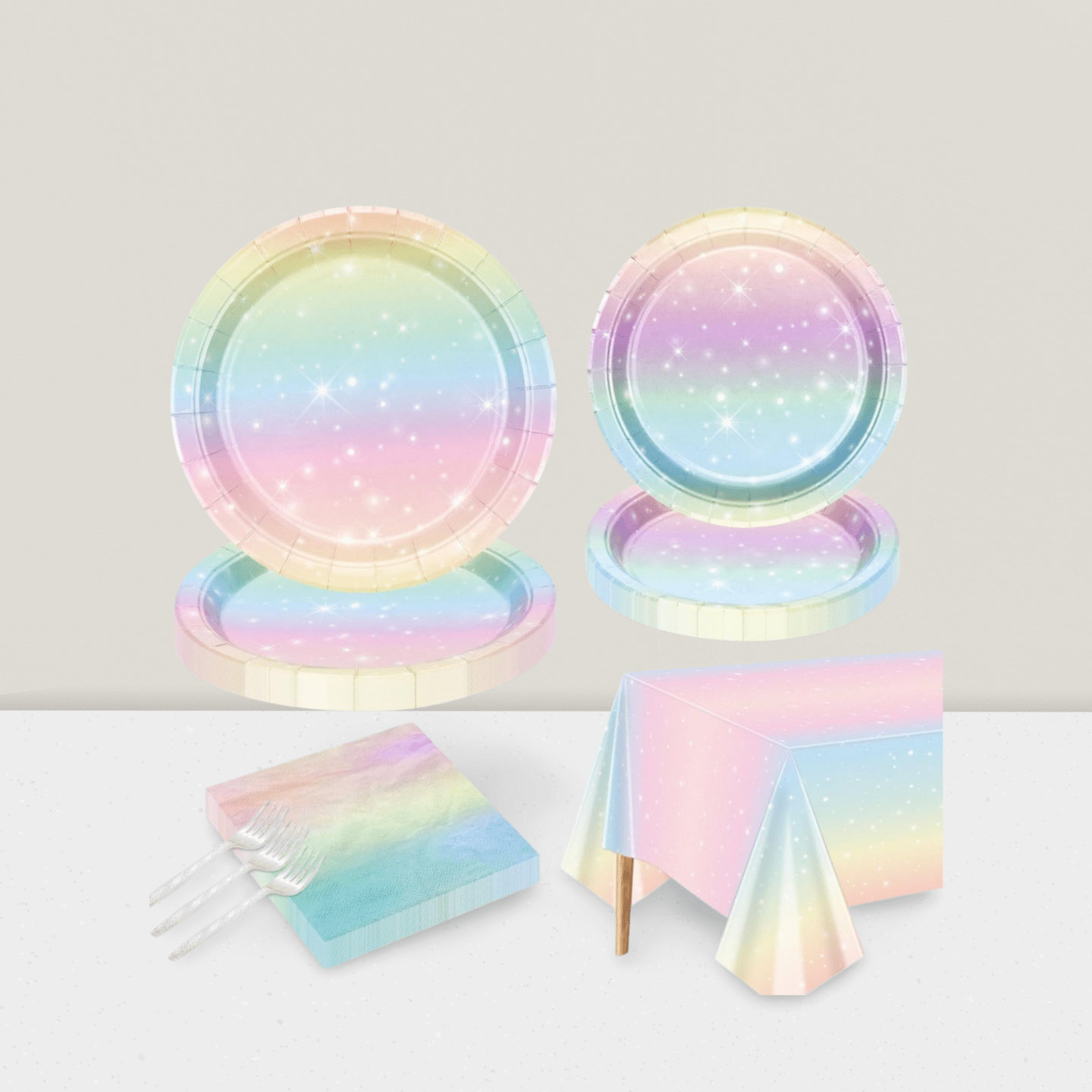 Pastel Rainbow Party Set for 20 Plates Napkins Forks Tablecloth