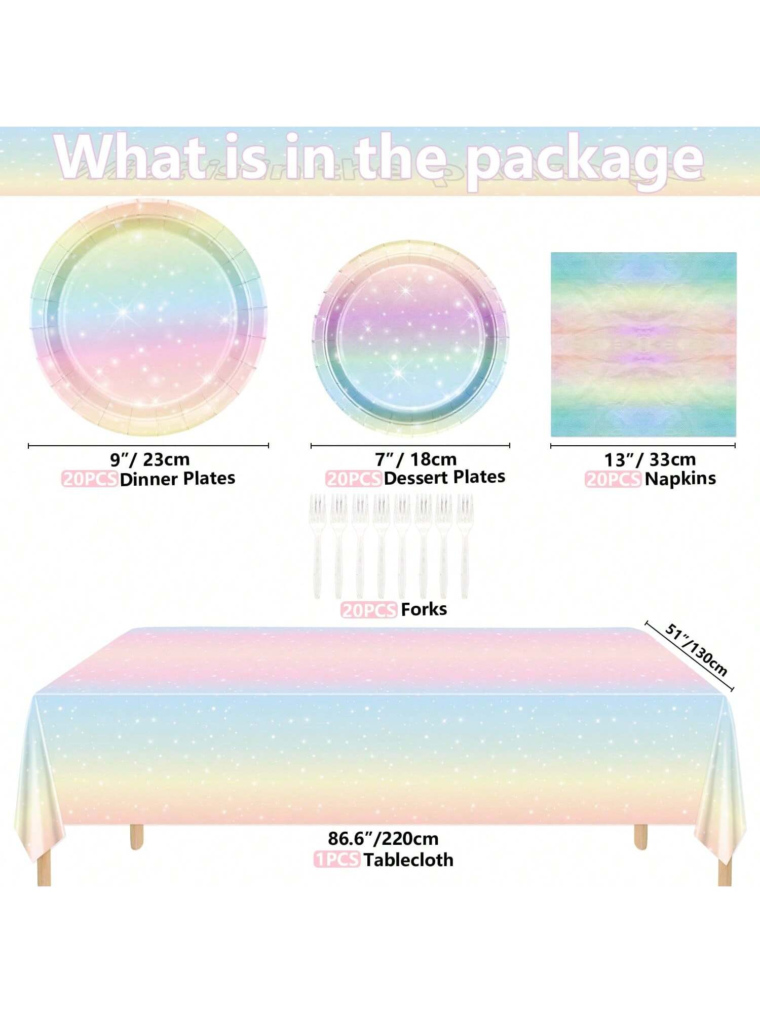 Pastel Rainbow Party Set for 20 Plates Napkins Forks Tablecloth