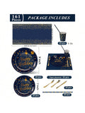 161pc Navy Gold Party Set For 20 – Plates, Cups, Napkins & Cutlery For Birthday Or Engagement For Christmas, Halloween And Thanksgiving,