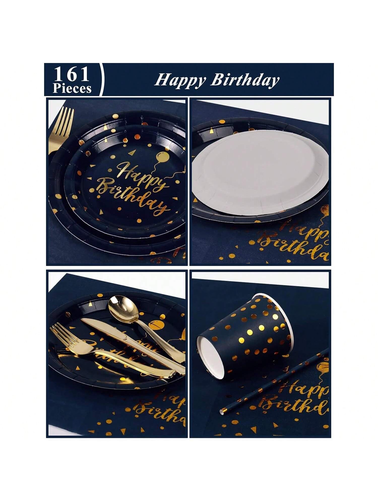 161pc Navy Gold Party Set For 20 – Plates, Cups, Napkins & Cutlery For Birthday Or Engagement For Christmas, Halloween And Thanksgiving,