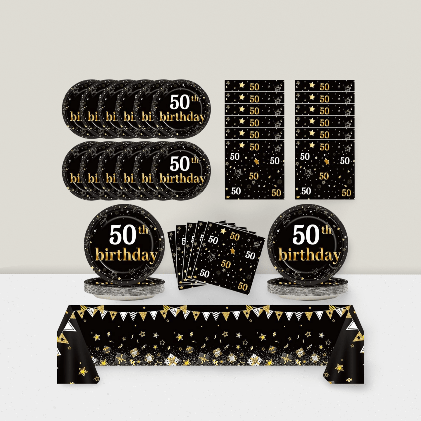 Black and Gold 50th Party Set for 24 Plates Napkins Tablecloth