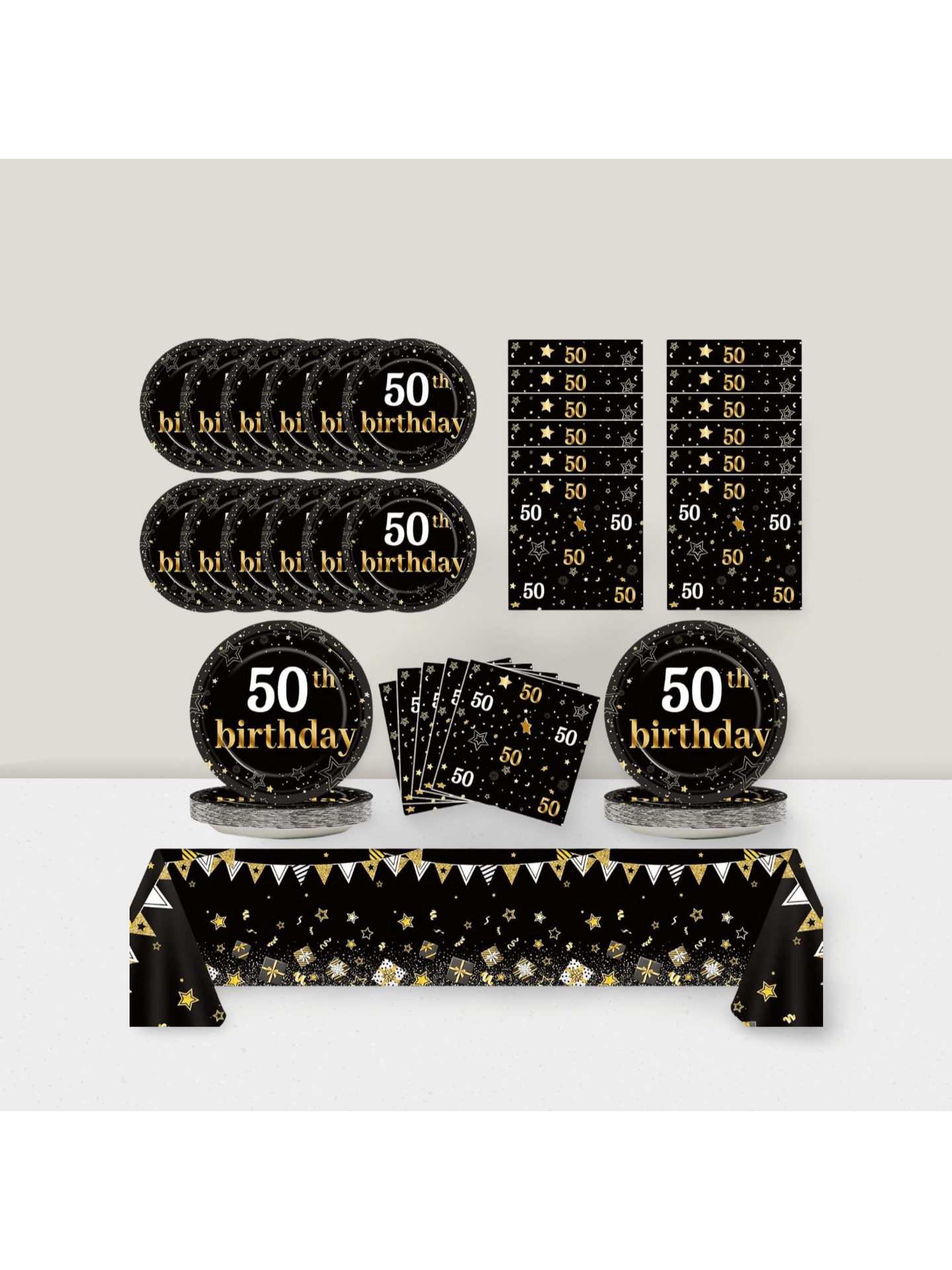 Black and Gold 50th Party Set for 24 Plates Napkins Tablecloth