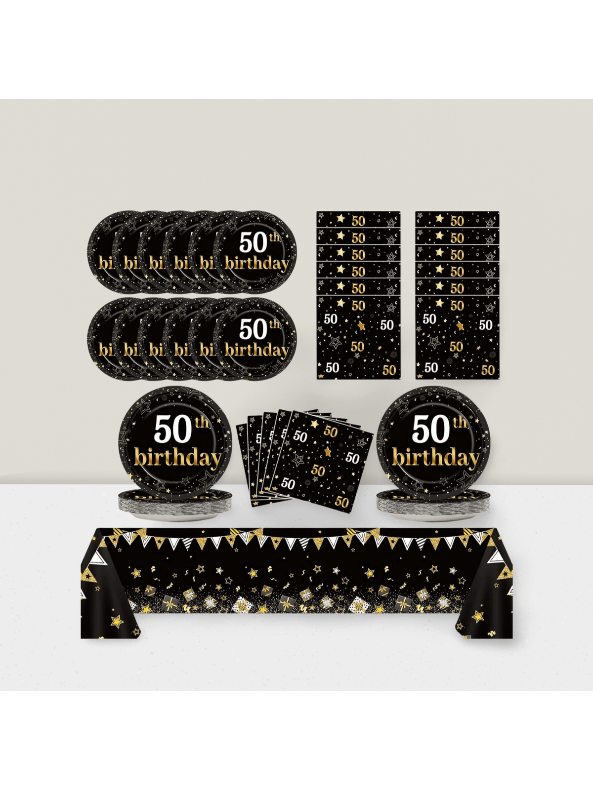 Black and Gold 50th Party Set for 24 Plates Napkins Tablecloth