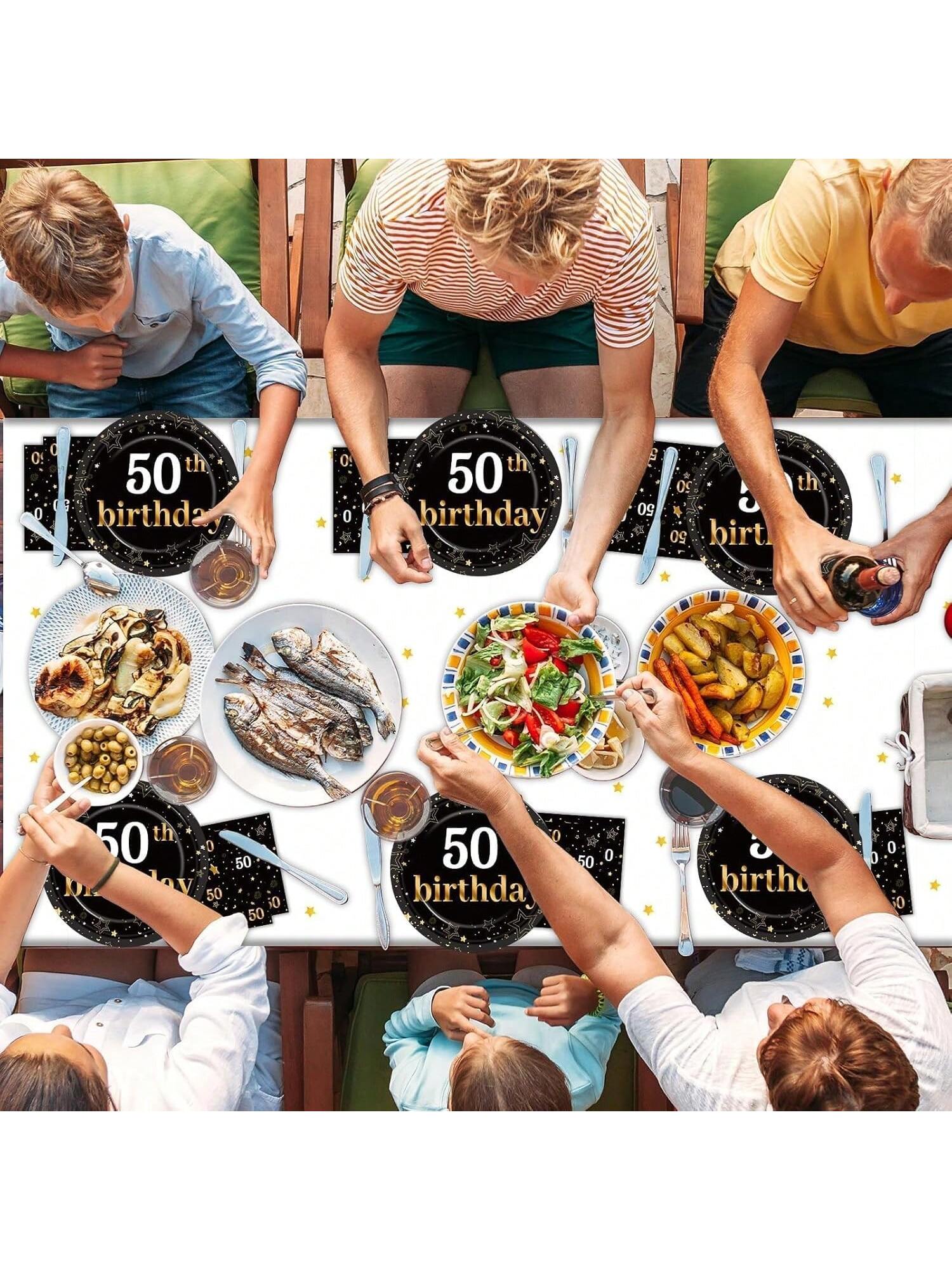 Black and Gold 50th Party Set for 24 Plates Napkins Tablecloth