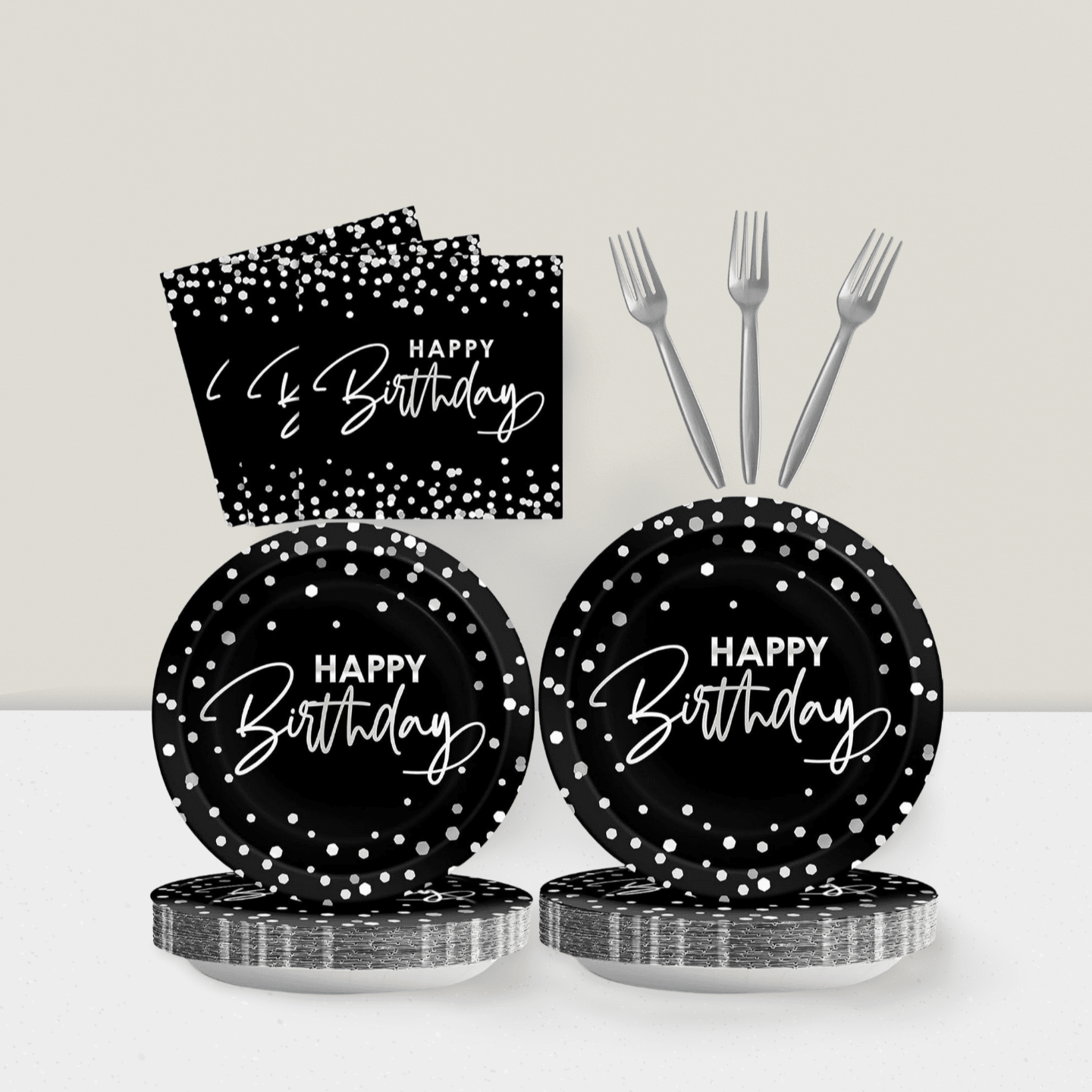 96Pc Black Silver Party Set Plates Napkins Tableware for 24 Guests