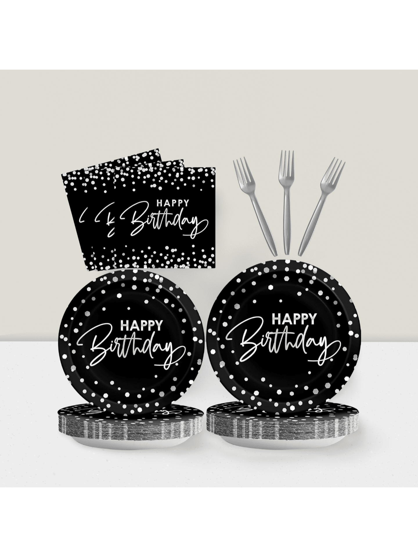 96Pc Black Silver Party Set Plates Napkins Tableware for 24 Guests