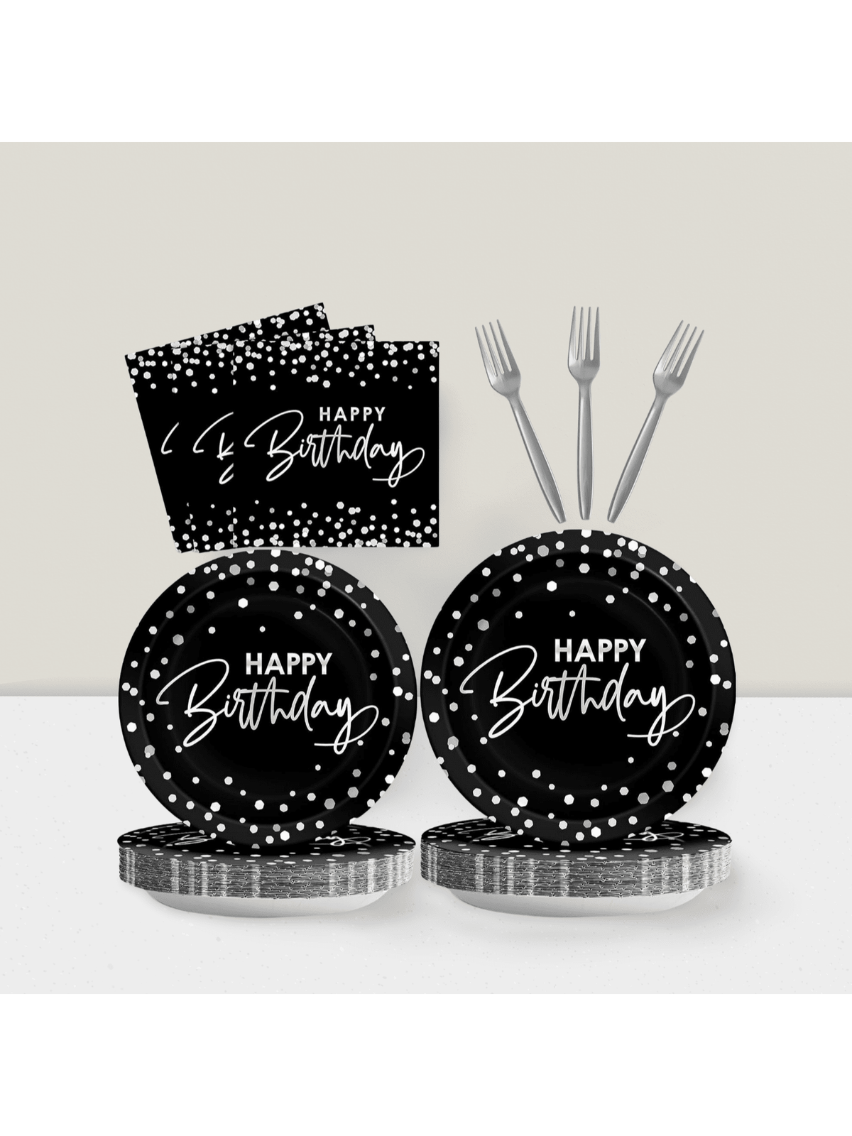 96Pc Black Silver Party Set Plates Napkins Tableware for 24 Guests