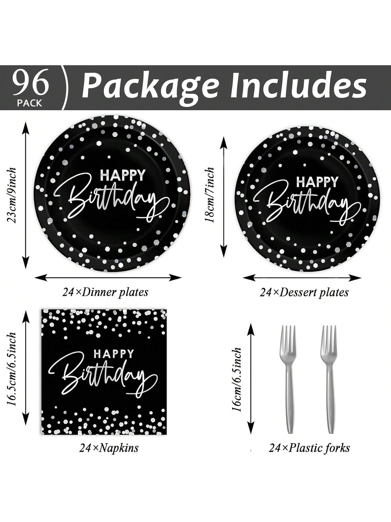 96Pc Black Silver Party Set Plates Napkins Tableware for 24 Guests