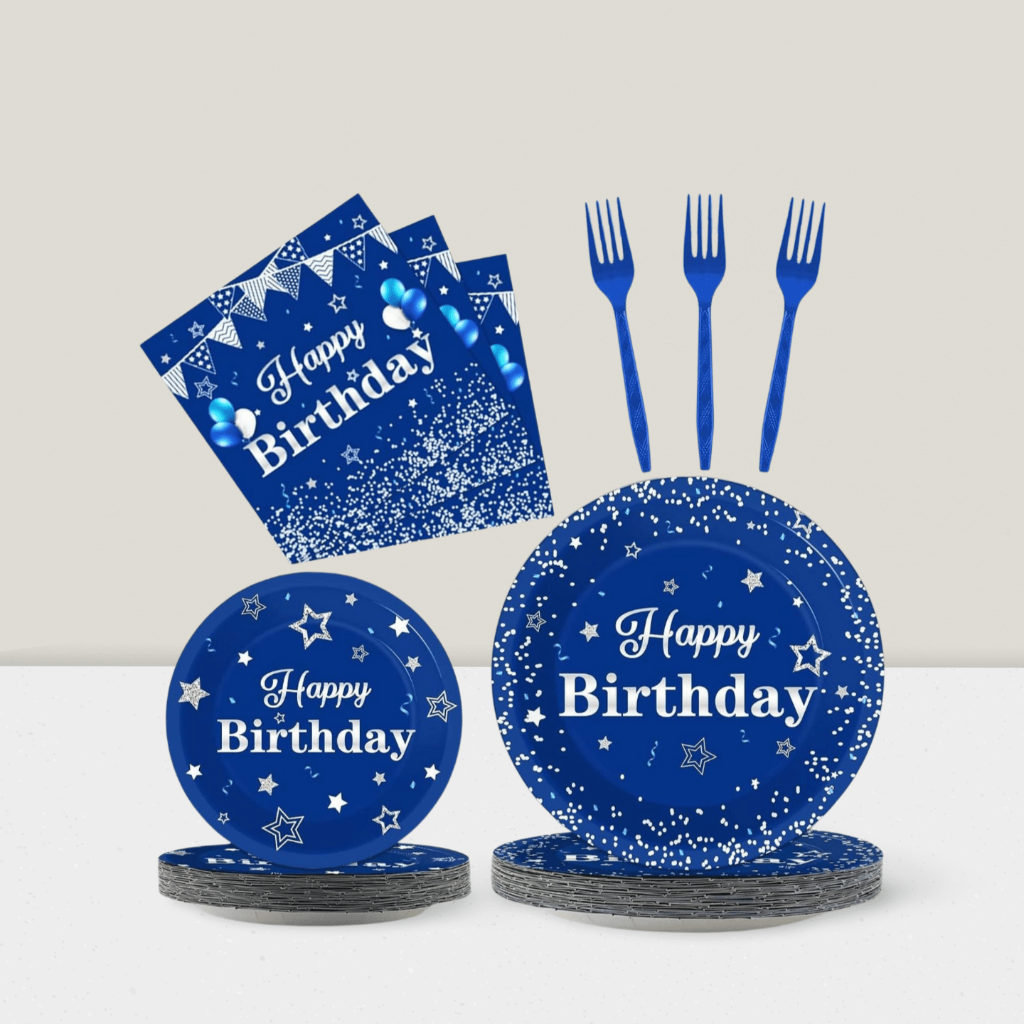 Navy Blue Silver Party Set 96 pcs Plates Napkins Forks for Birthday Holidays