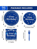 Navy Blue Silver Party Set 96 pcs Plates Napkins Forks for Birthday Holidays