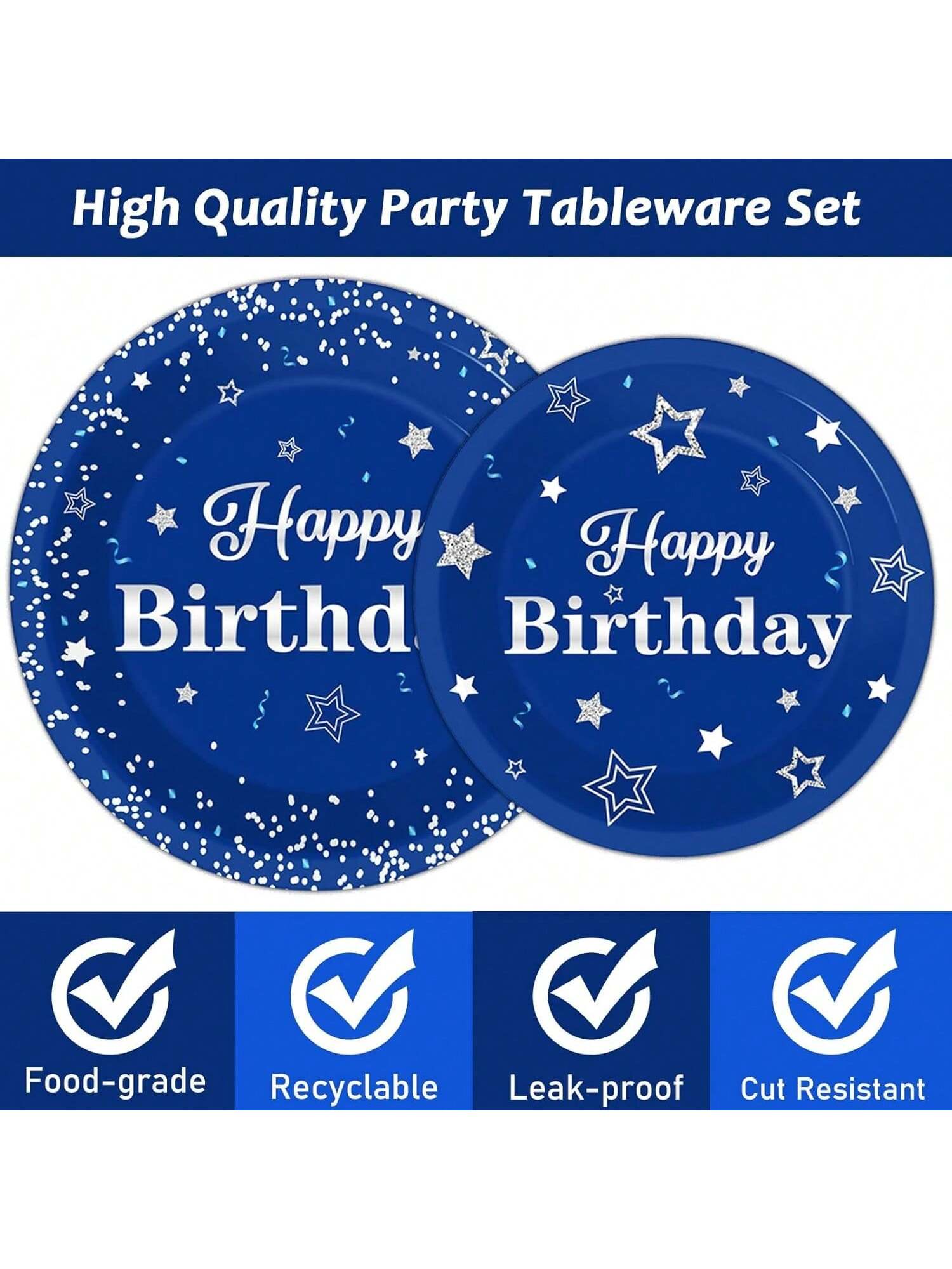Navy Blue Silver Party Set 96 pcs Plates Napkins Forks for Birthday Holidays