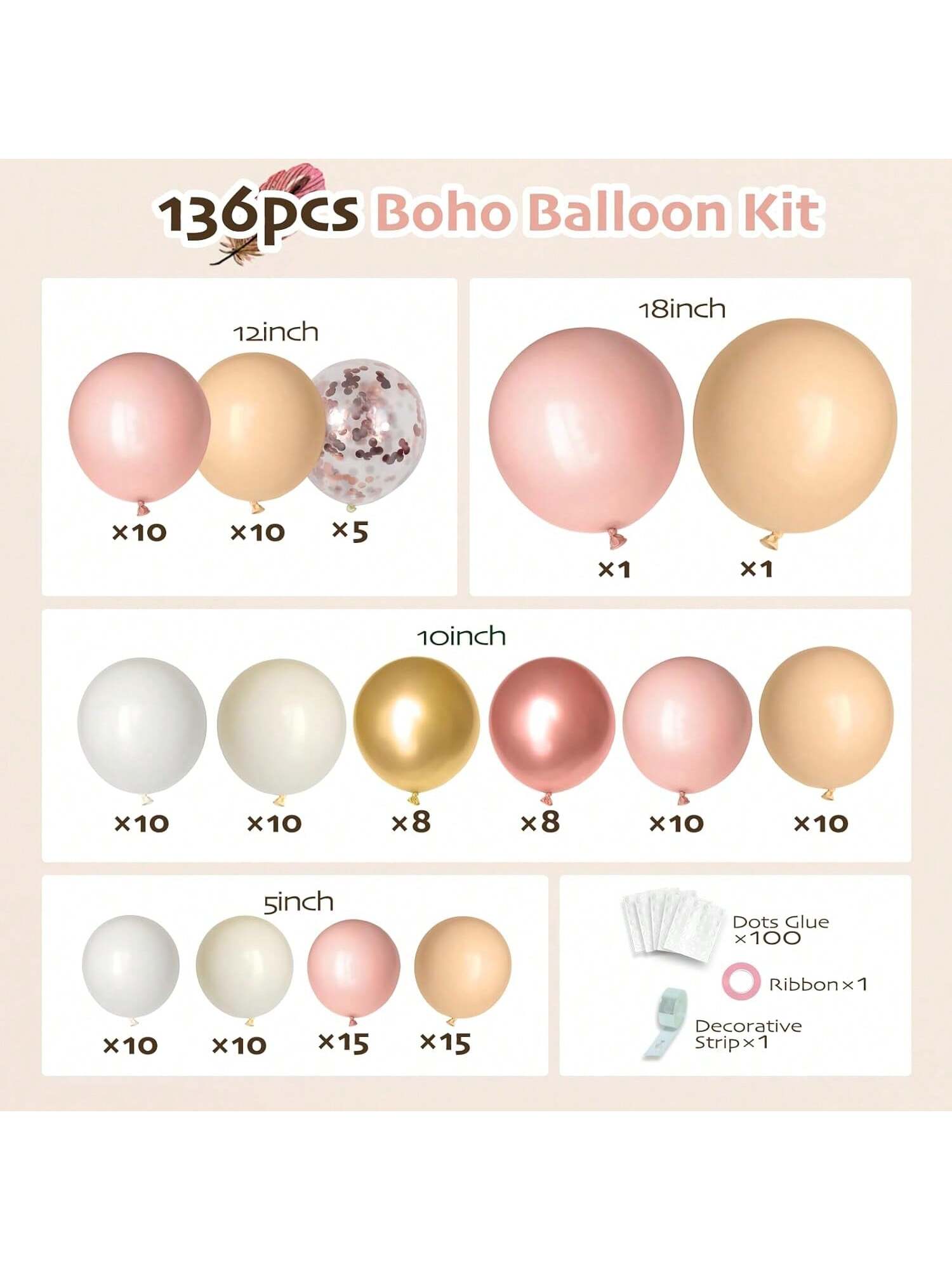 136-Piece Boho Balloon Garland Kit Blush Pink Nude White Rose Gold for Party Decor