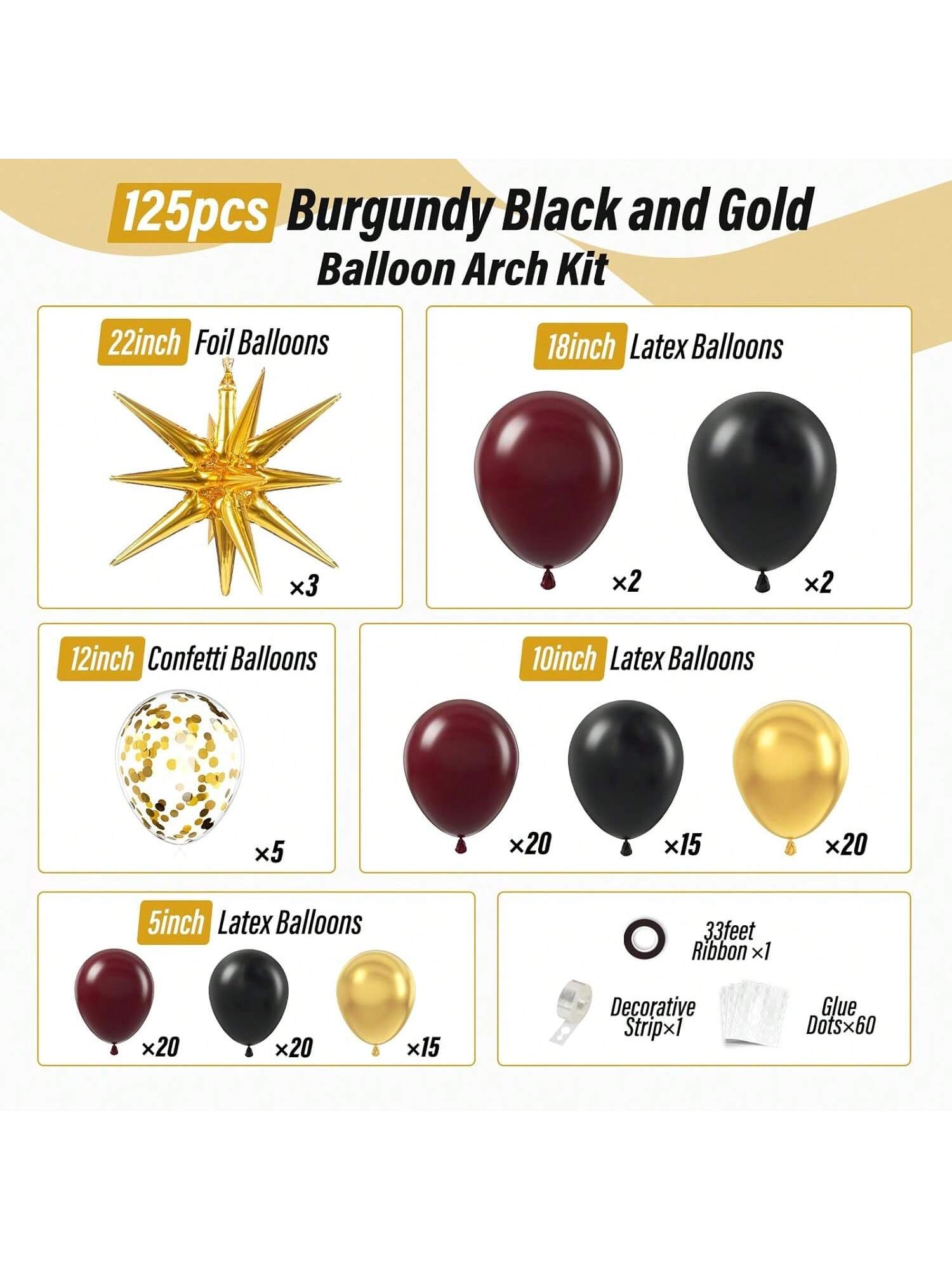 Burgundy Balloon Arch Kit with Maroon, Black, and Gold Foil Balloons