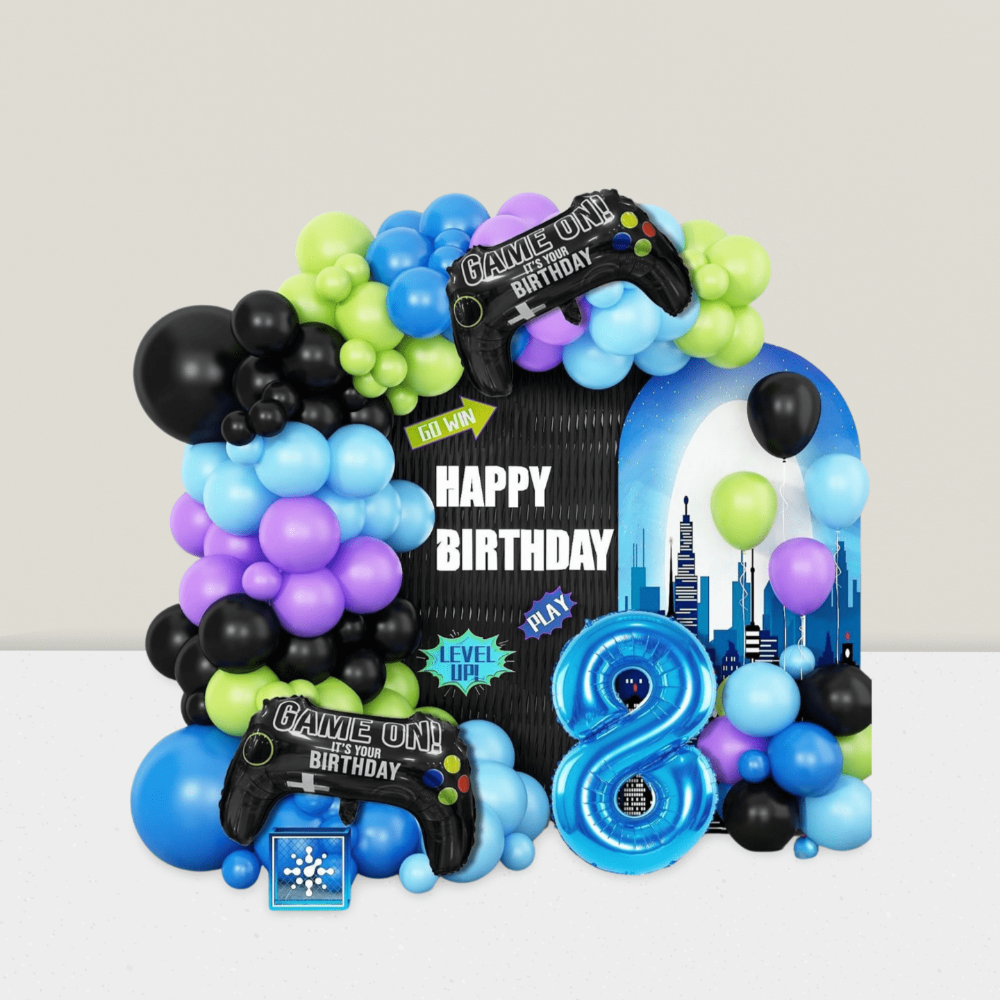 108pc 8th Birthday Video Game Balloon Arch Kit in Blue, Black, Green, Purple