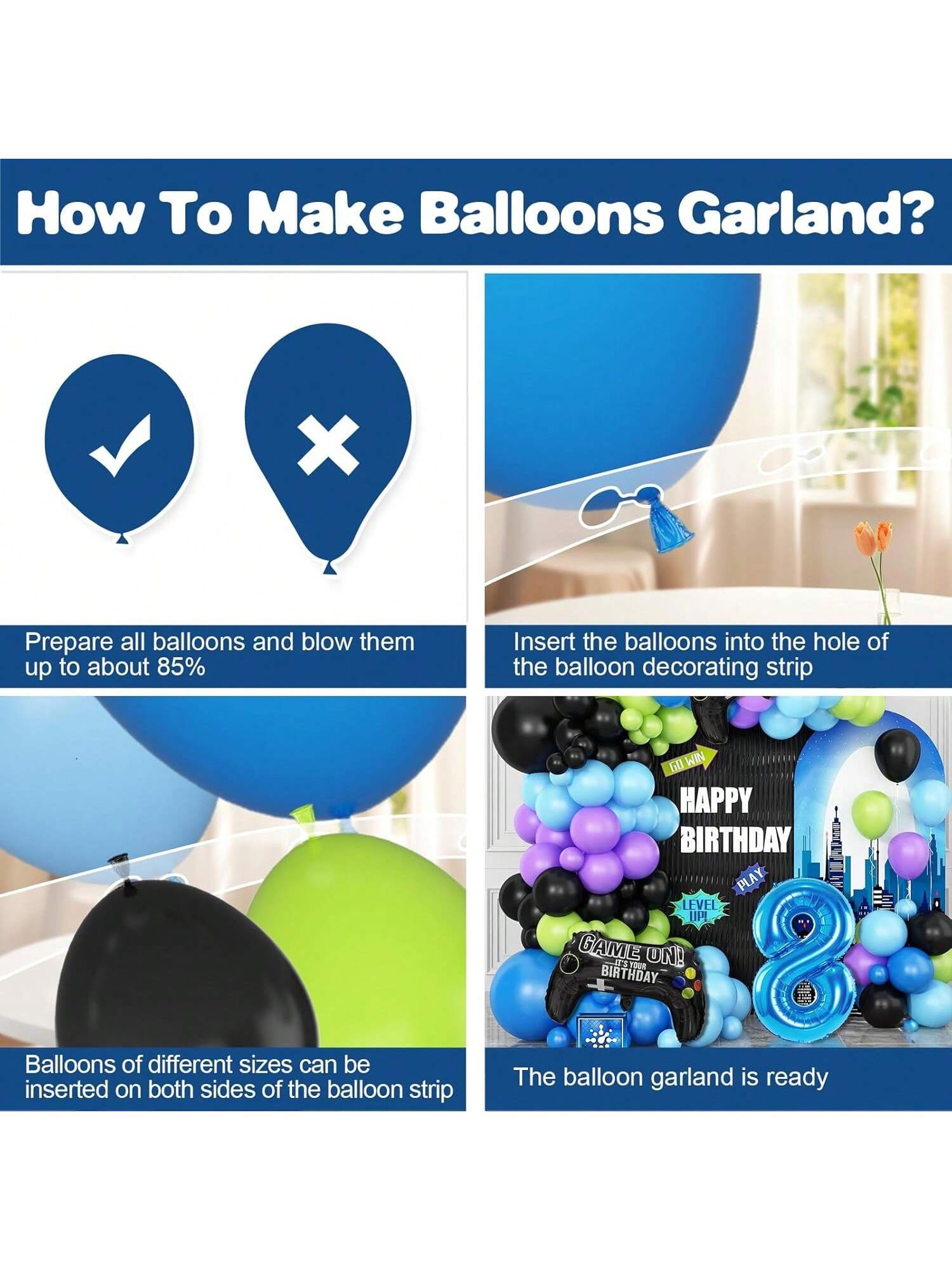 108pc 8th Birthday Video Game Balloon Arch Kit in Blue, Black, Green, Purple