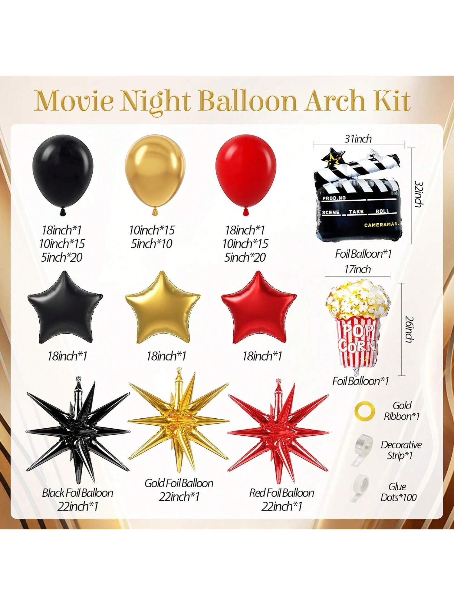 Movie Night Balloon Arch Kit in Red, Black & Gold