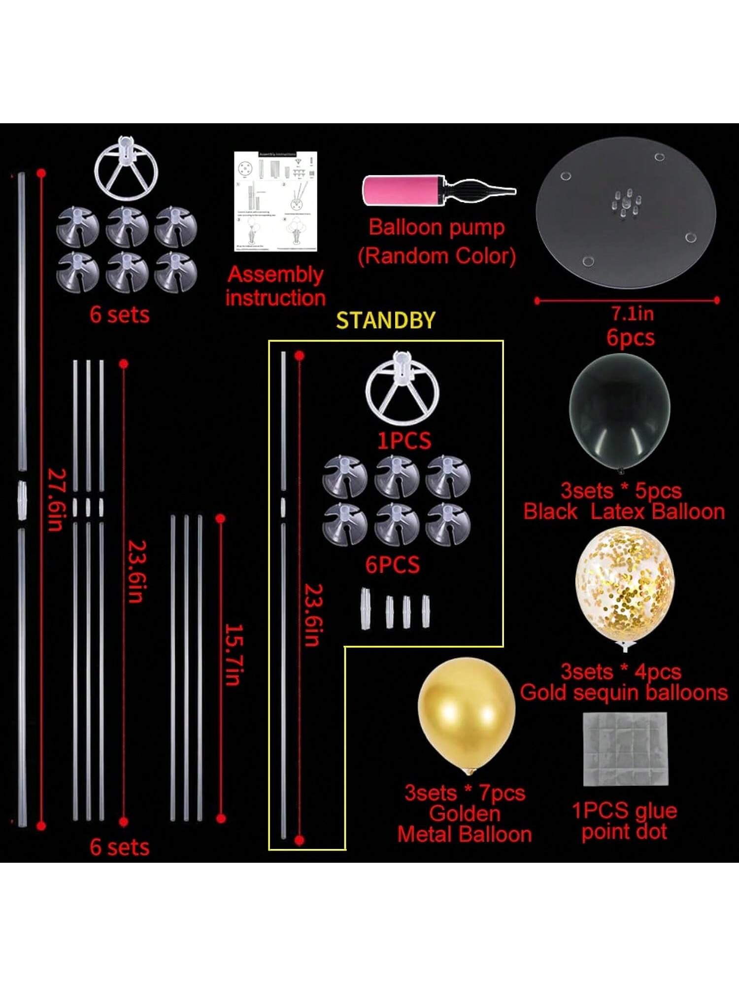 Balloon Centerpieces 6 Set Black Gold Confetti Stand for Graduation Birthday Party