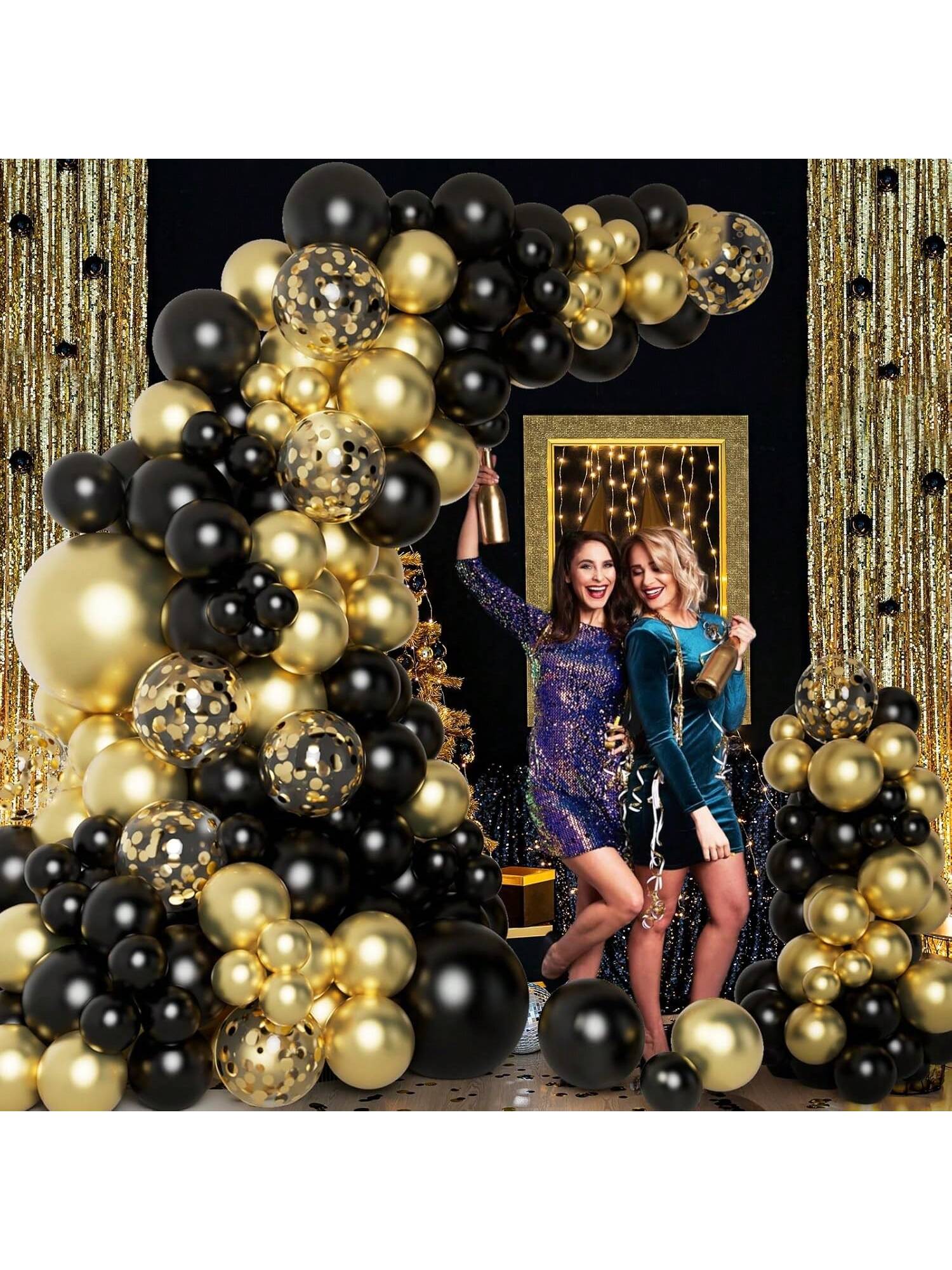 Black and Gold Balloon Garland Arch Kit with Confetti for New Year Birthday and Graduation