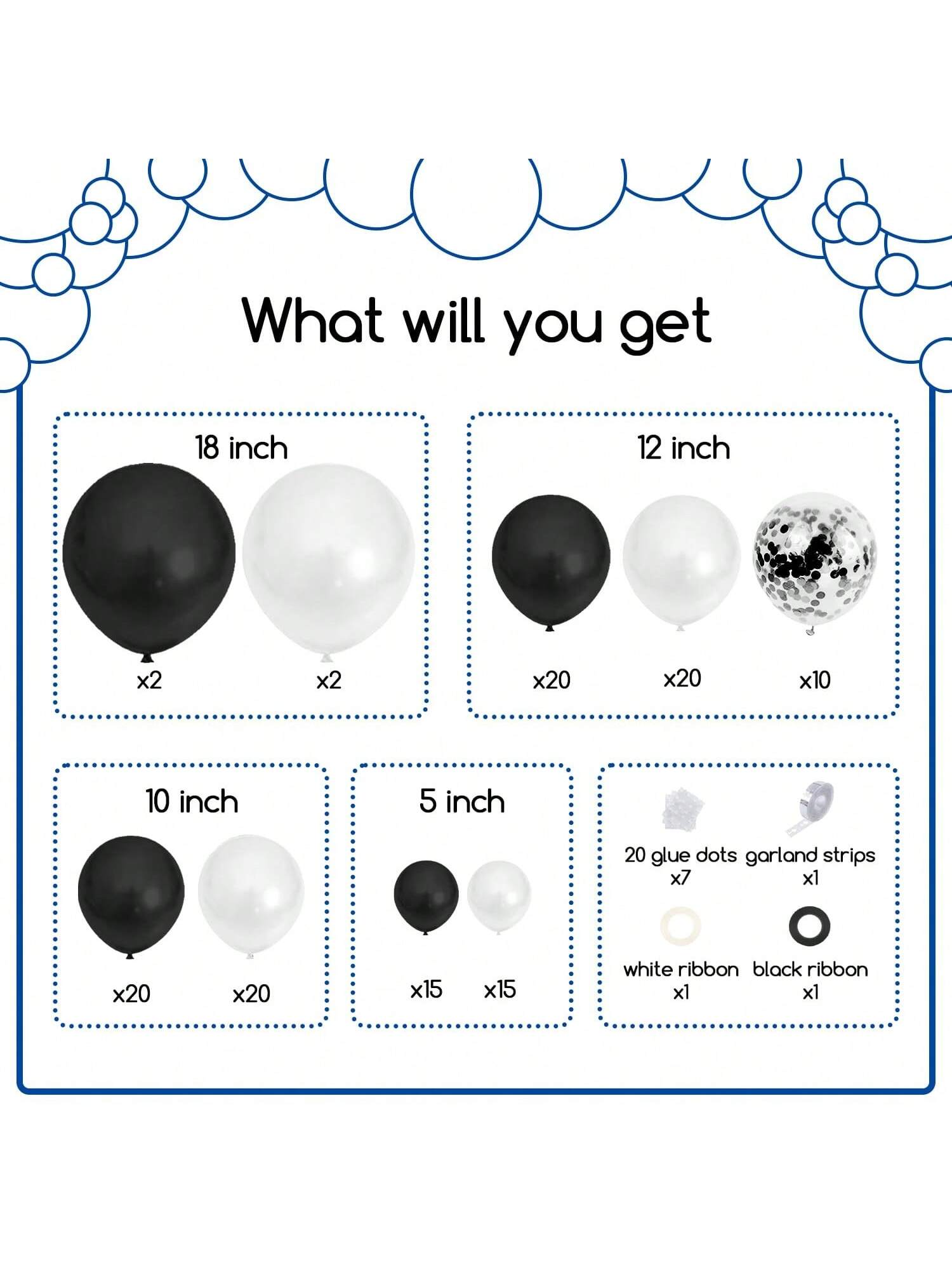 124PCS Black & White Balloon Garland Arch Kit Confetti Party Decor