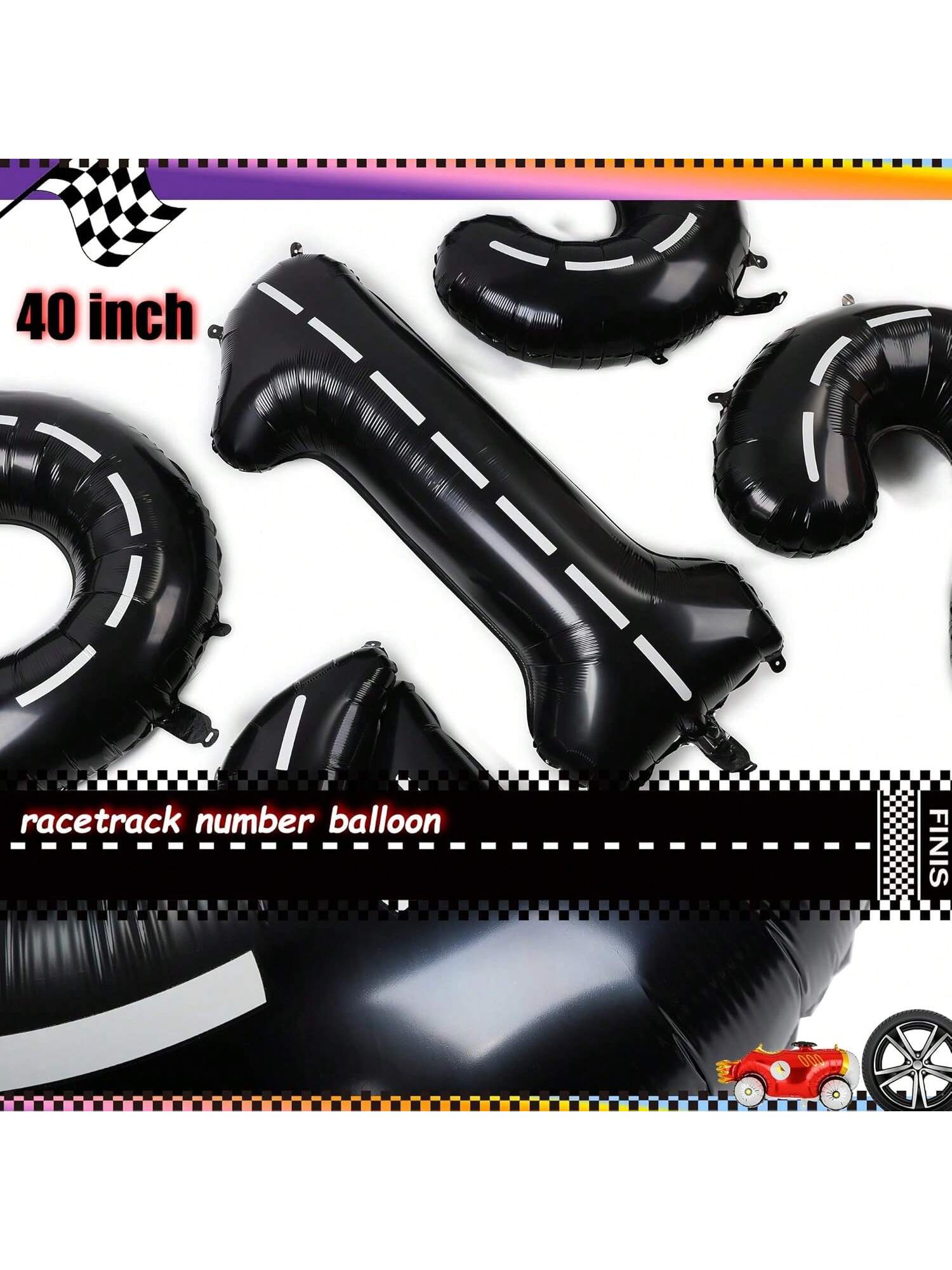 40-Inch Race Car Mylar Balloons with Number 0 and Checkered Flag for 10th Birthday