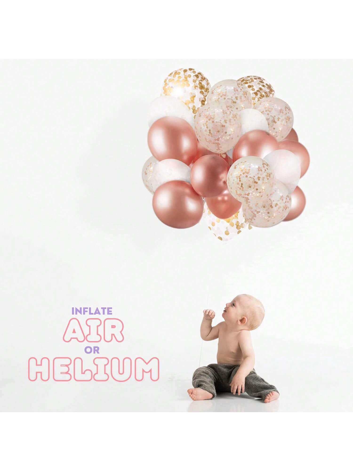 60 Pc Rose Gold Balloon Set with Confetti White and Ribbon for Bridal Shower