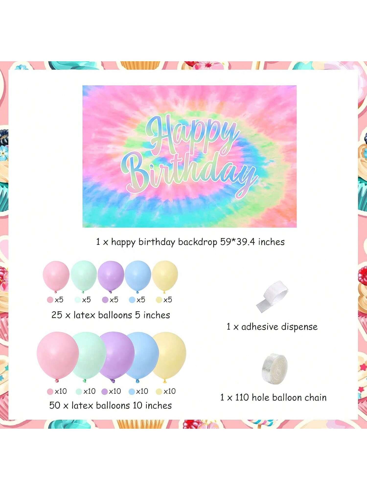 Tie Dye Macaron Balloon Garland Kit with Happy Birthday Backdrop