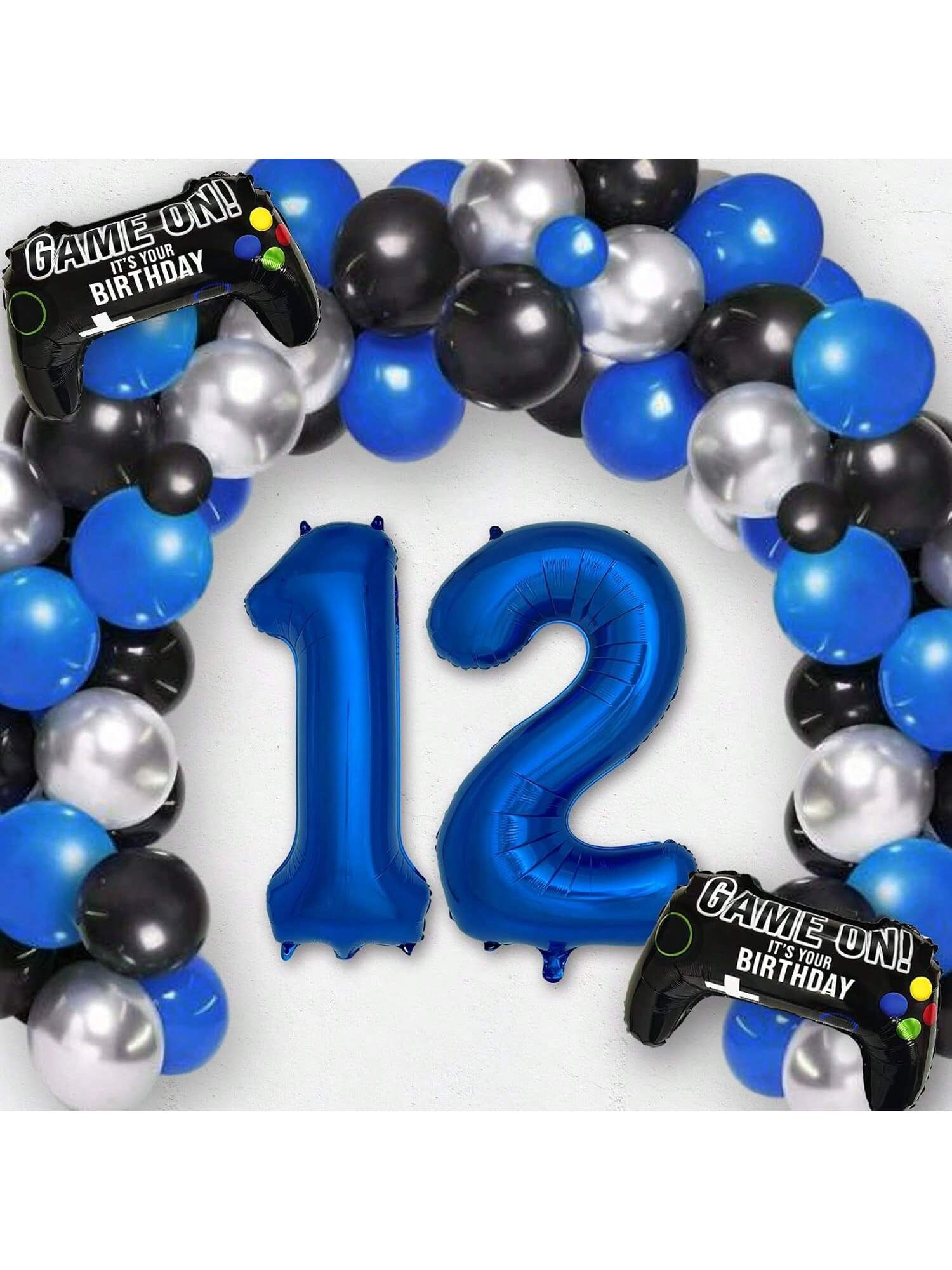 Navy Blue Video Game Party Supplies for 12th Birthday with Number 12 Balloon