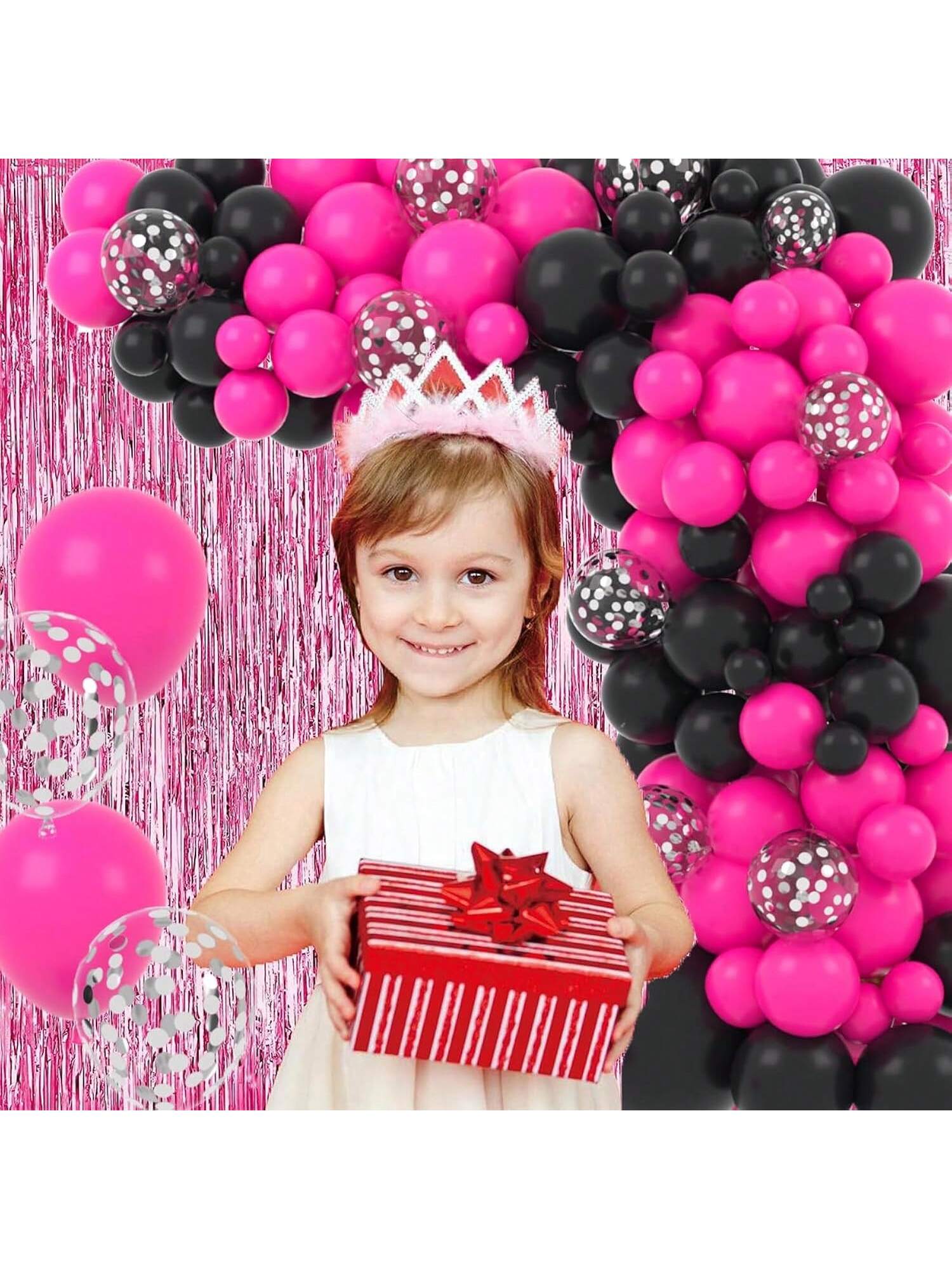 Rose Red Hot Pink Black Balloon Garland with Silver Confetti for Party Decor