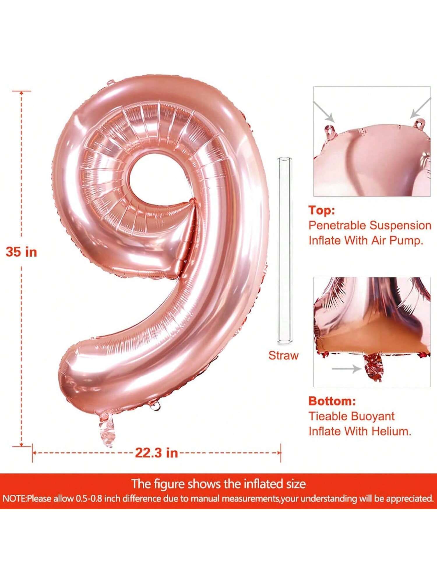 40 Inch Rose Gold Number 9 Foil Balloon for Birthday Wedding or Anniversary