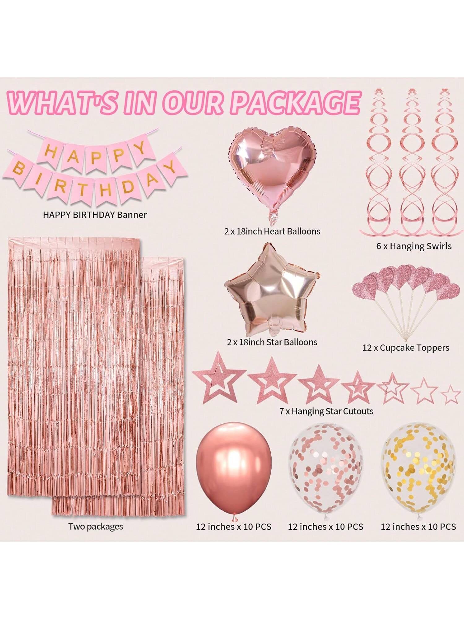 Rose Gold Birthday Party Decor Banner Fringe Curtain Heart Star Balloons Swirls