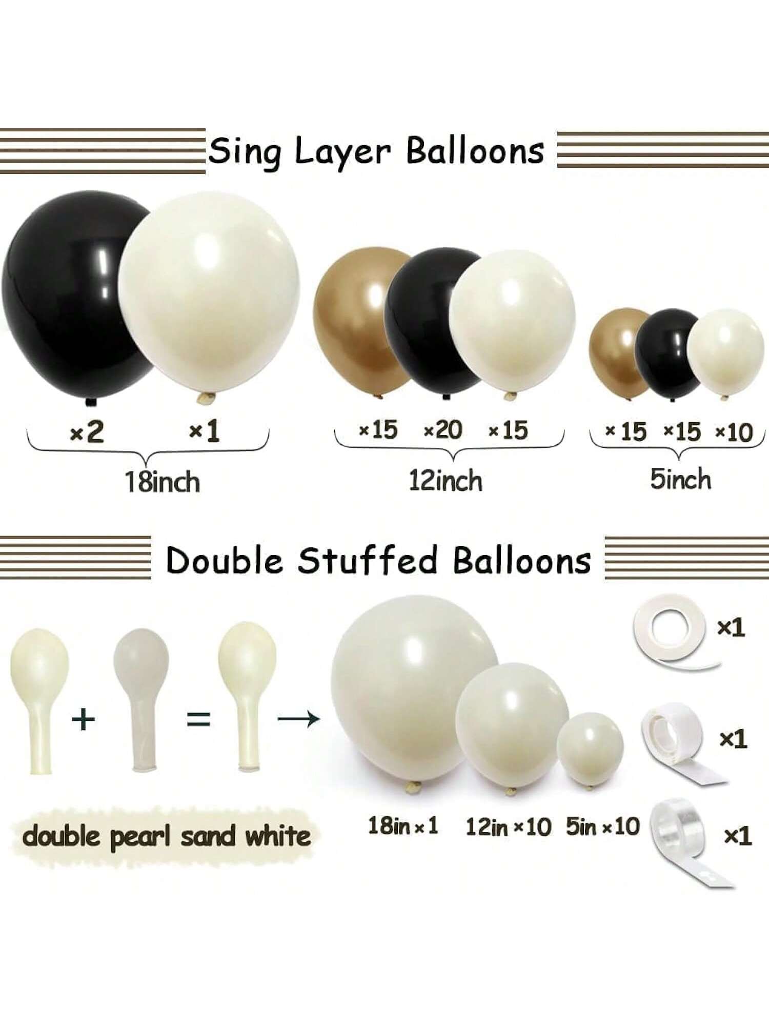 Black White Gold Balloon Garland Kit Double-Stuffed Metallic and Pearl Balloons