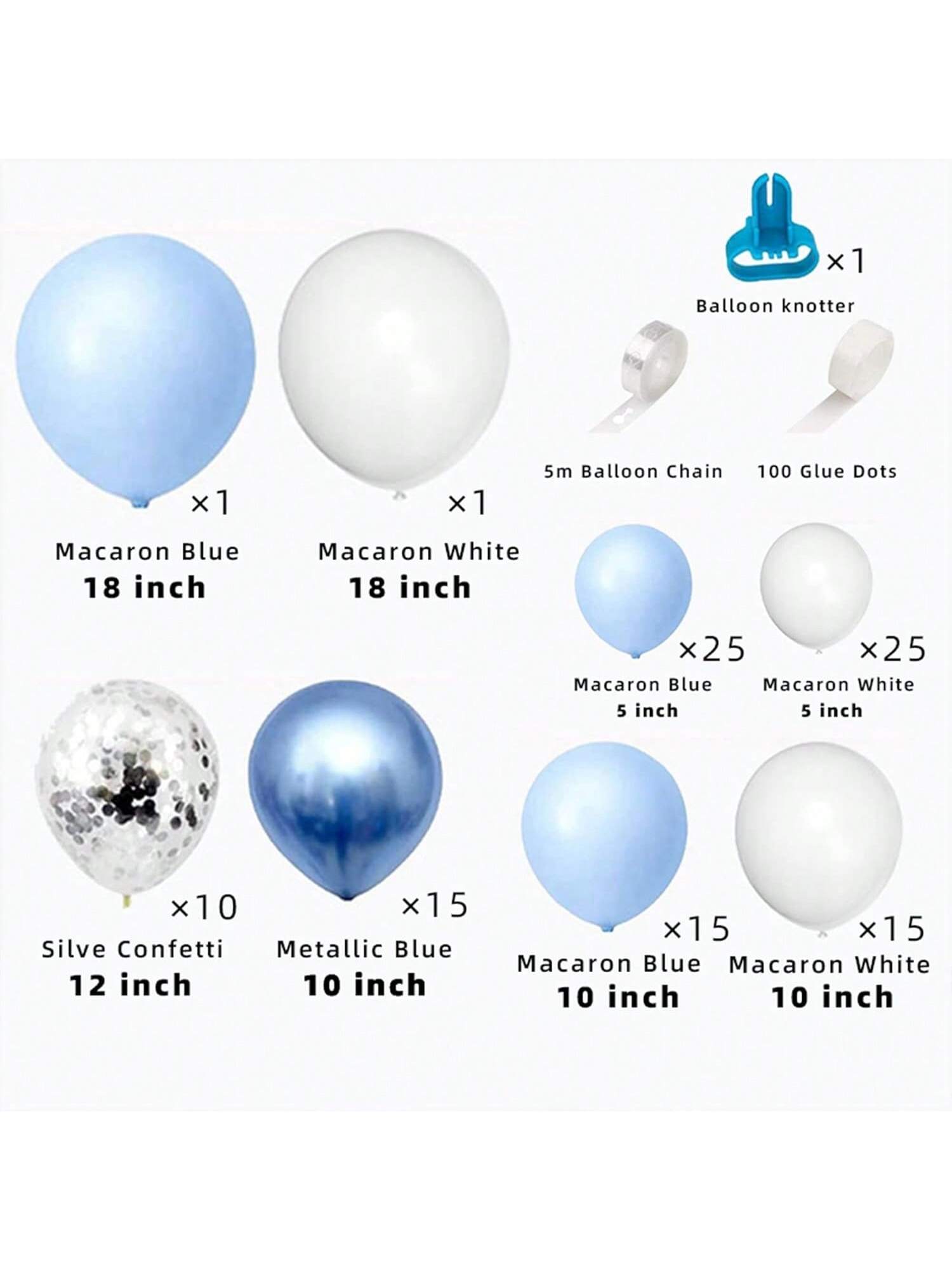 107 Pc Blue and White Balloon Garland Kit with Confetti Silver and Light Blue for Party Decor