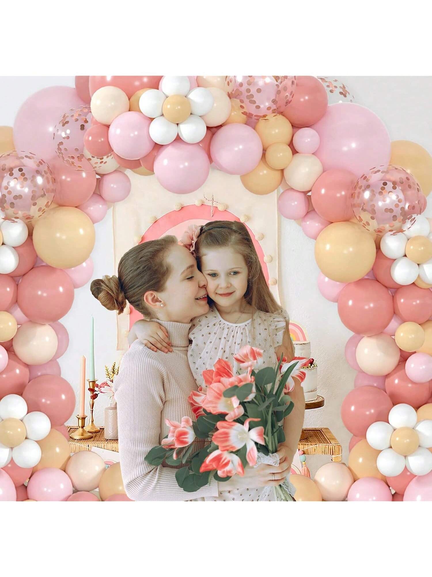 Boho Daisy Balloon Garland Kit with Pink Nude Rose Gold Confetti for Parties