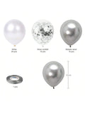 50 Pc 12 Inch White and Silver Confetti Latex Balloons with Ribbon for Wedding or Shower