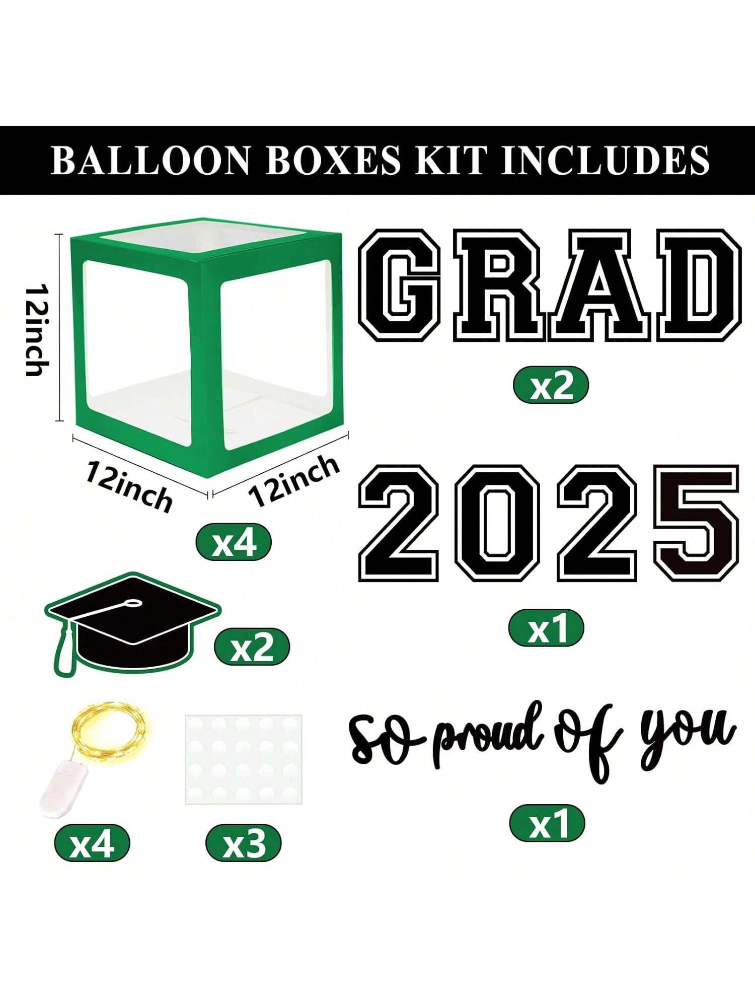 Graduation Decorations 2025 4 Green Graduation Boxes With 139 Pcs Balloon Arch Garland Kit & 4 String Lights For Class Of 2025 For Christmas, Halloween And Thanksgiving,