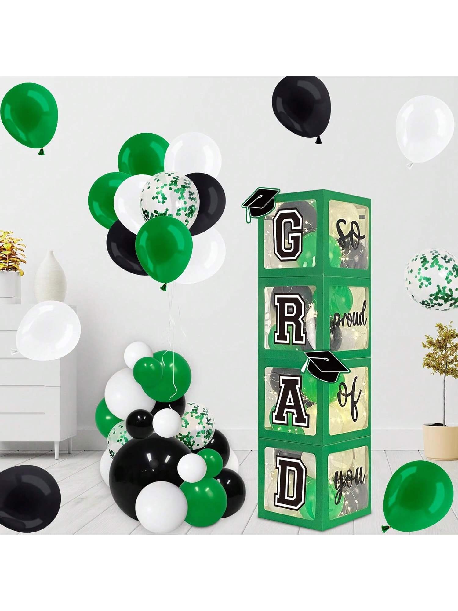 Graduation Decorations 2025 4 Green Graduation Boxes With 139 Pcs Balloon Arch Garland Kit & 4 String Lights For Class Of 2025 For Christmas, Halloween And Thanksgiving,