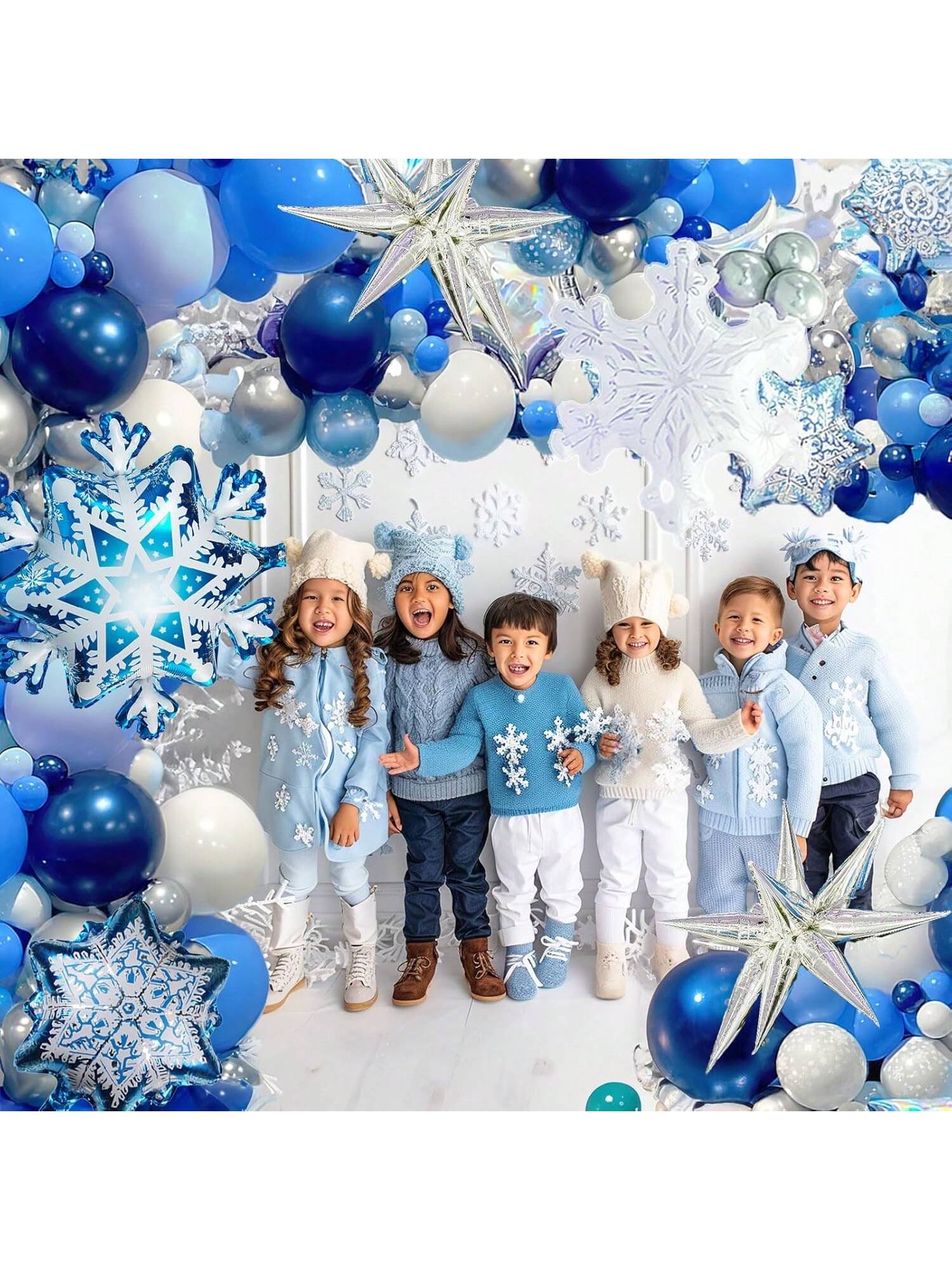 128Pc Winter Wonderland Balloon Garland Navy Blue Silver Snowflake Decor