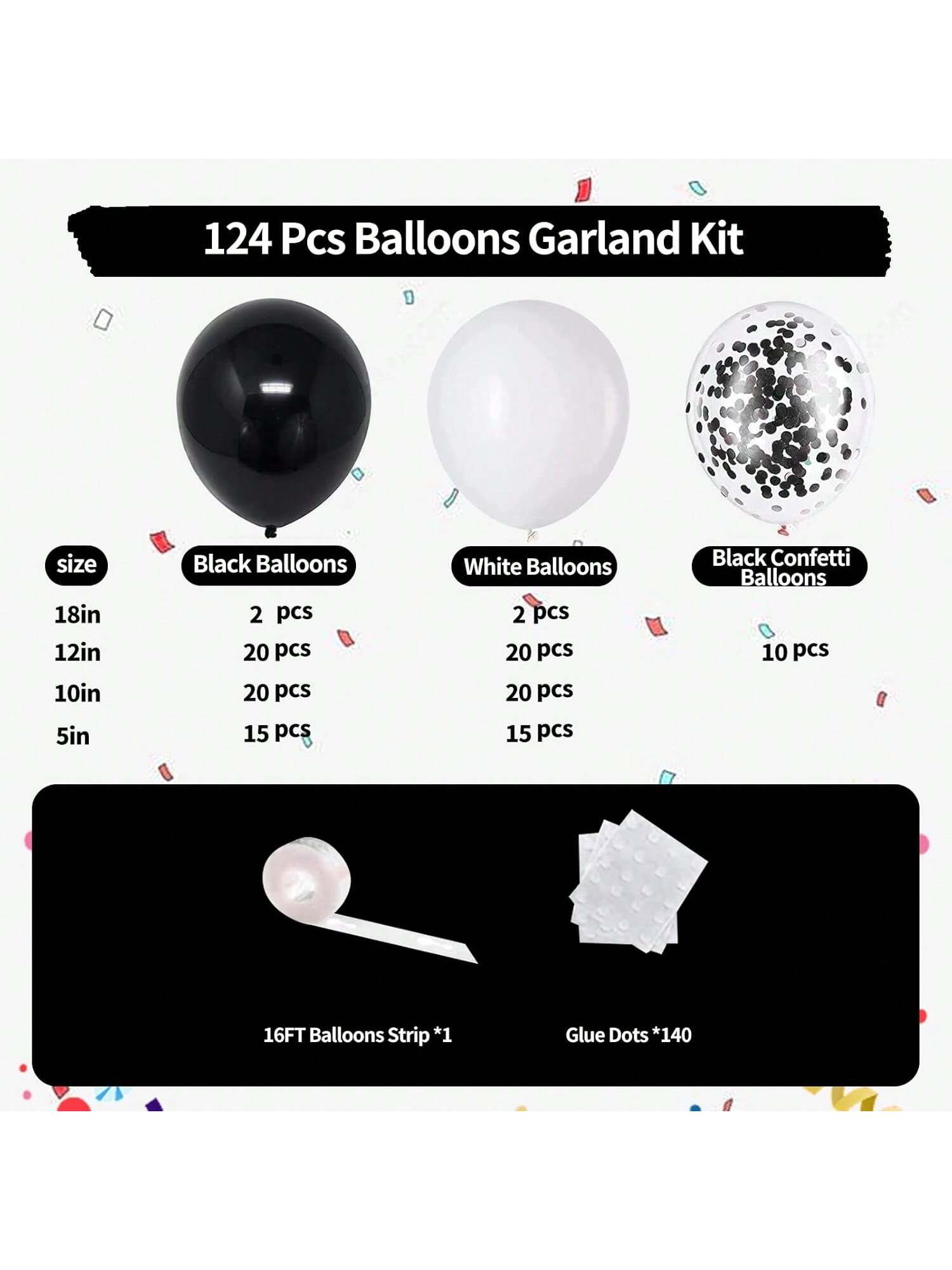 124 Pc Black and White Balloon Garland Kit with Confetti for Birthday Wedding and Party