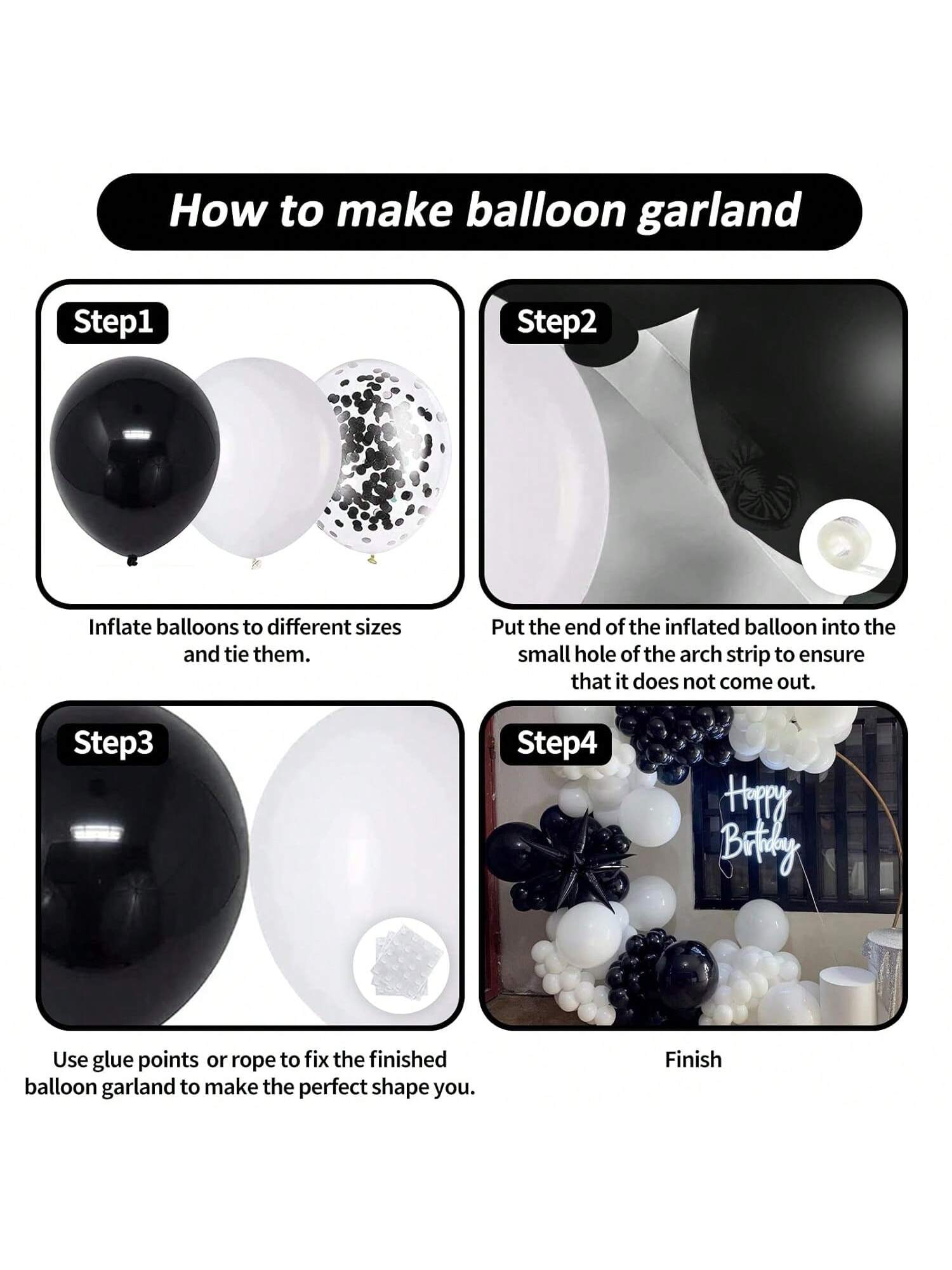 124 Pc Black and White Balloon Garland Kit with Confetti for Birthday Wedding and Party