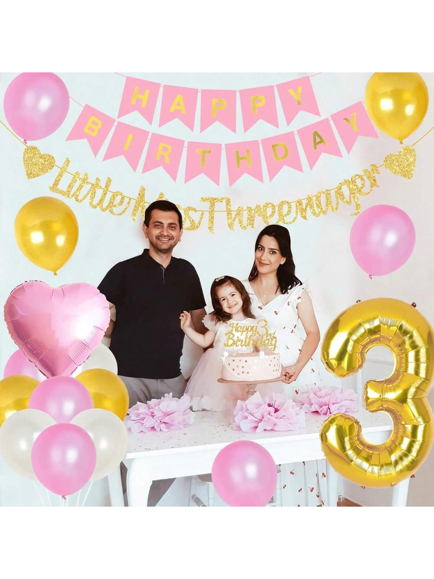 3rd Birthday Decorations with Pink Gold Banner Cake Topper and Foil Balloon