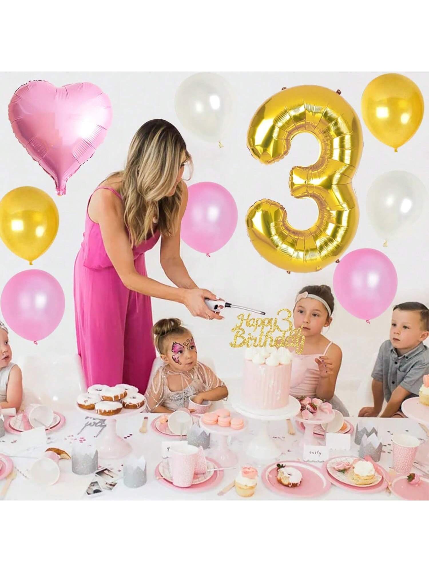3rd Birthday Decorations with Pink Gold Banner Cake Topper and Foil Balloon